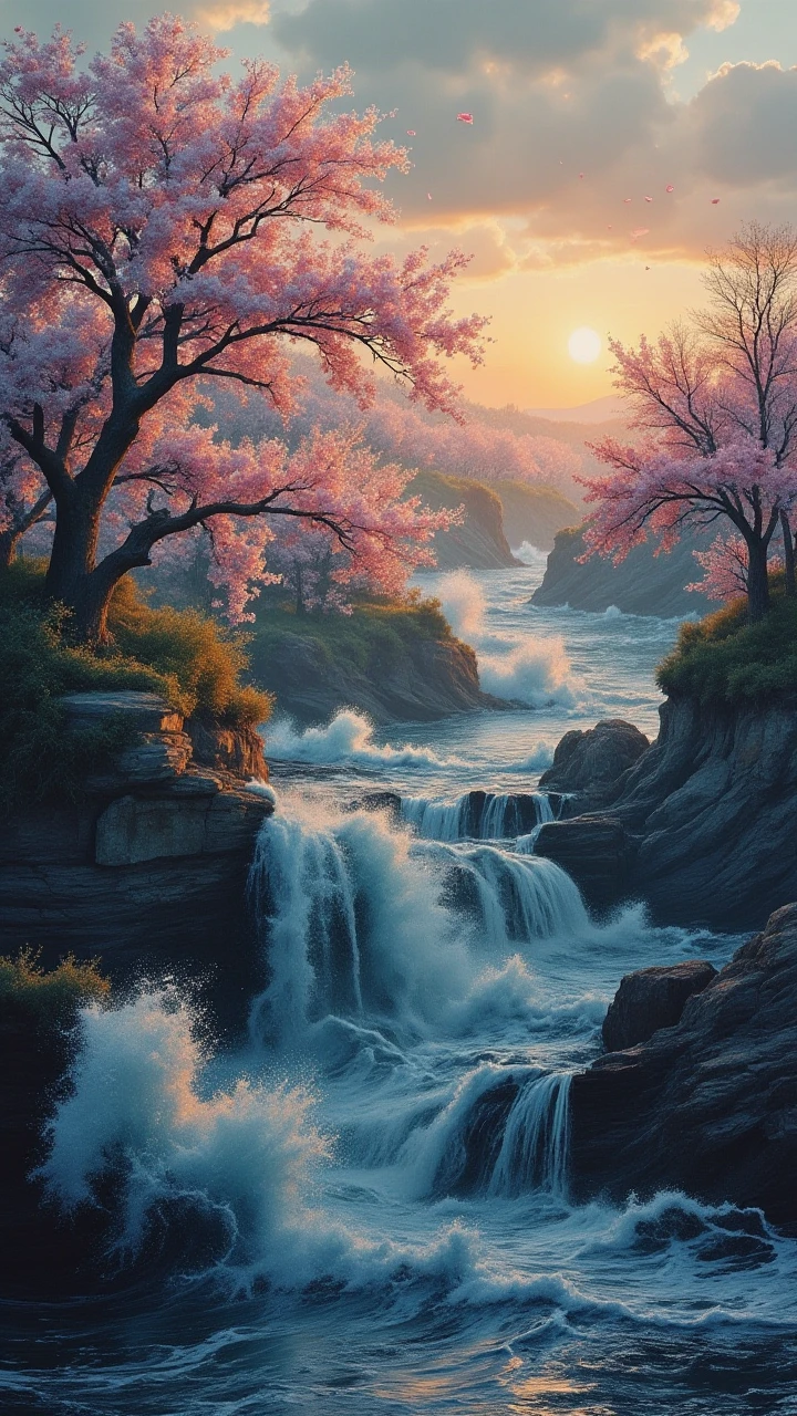 Jedhydipa, a picture of a waterfall, surrounded by cherry blossom trees , cherry blossom petals flying Through the picture, , , sunset in distance, which colors the sky and illuminates the picture and casts shadows on the cherry blossom,  <lora:realdigitalpainting:0.8>,