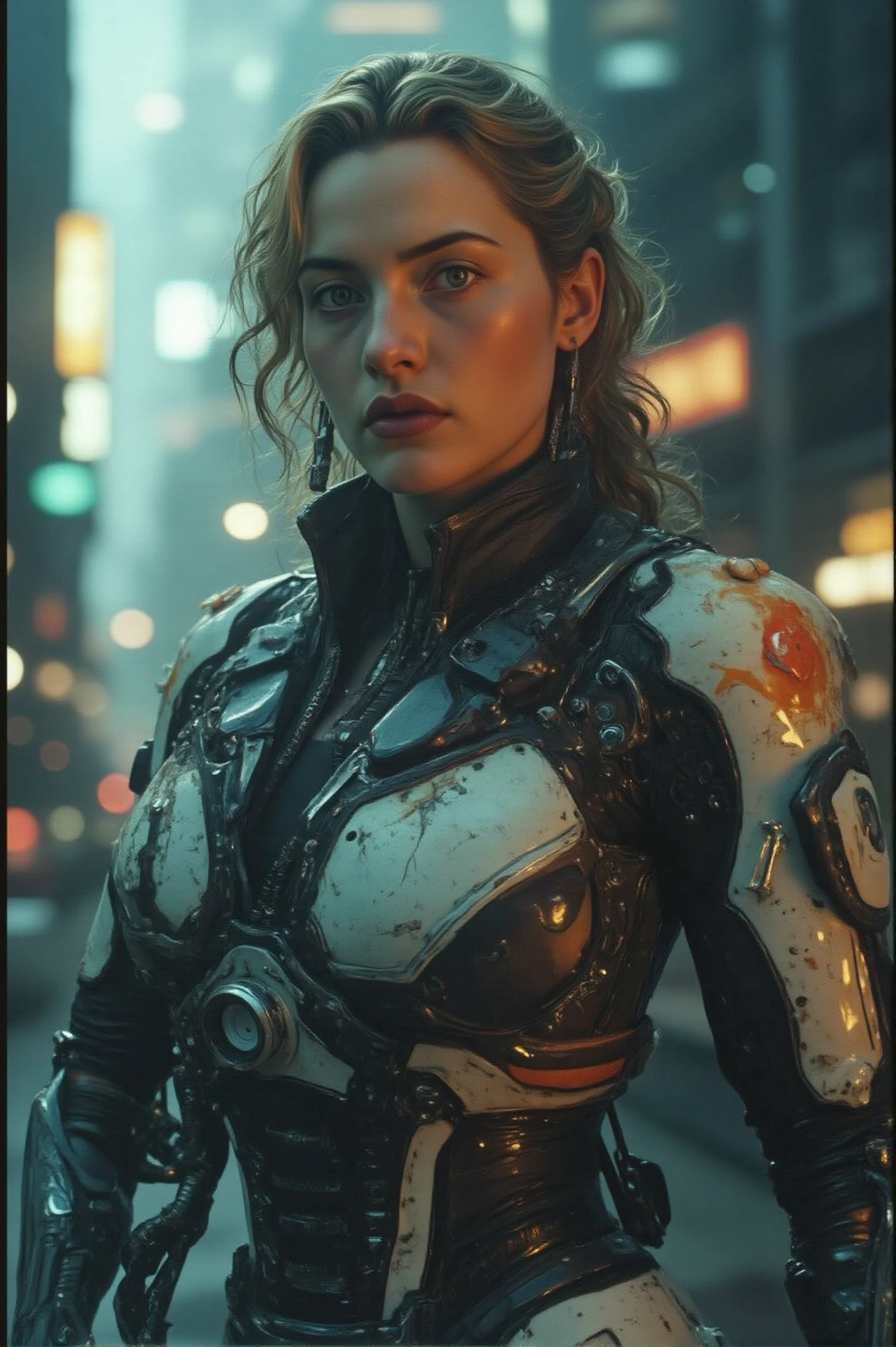 (photo of a woman), (soft even lighting), (futuristic city behind), (wearing cybernetic robot clothes in cyberpunk world), detailed face, detailed eyes, ((medium body  portrait)), masterpiece, ((best quality)), (eye contact), looking at the viewer, centred, shot from front