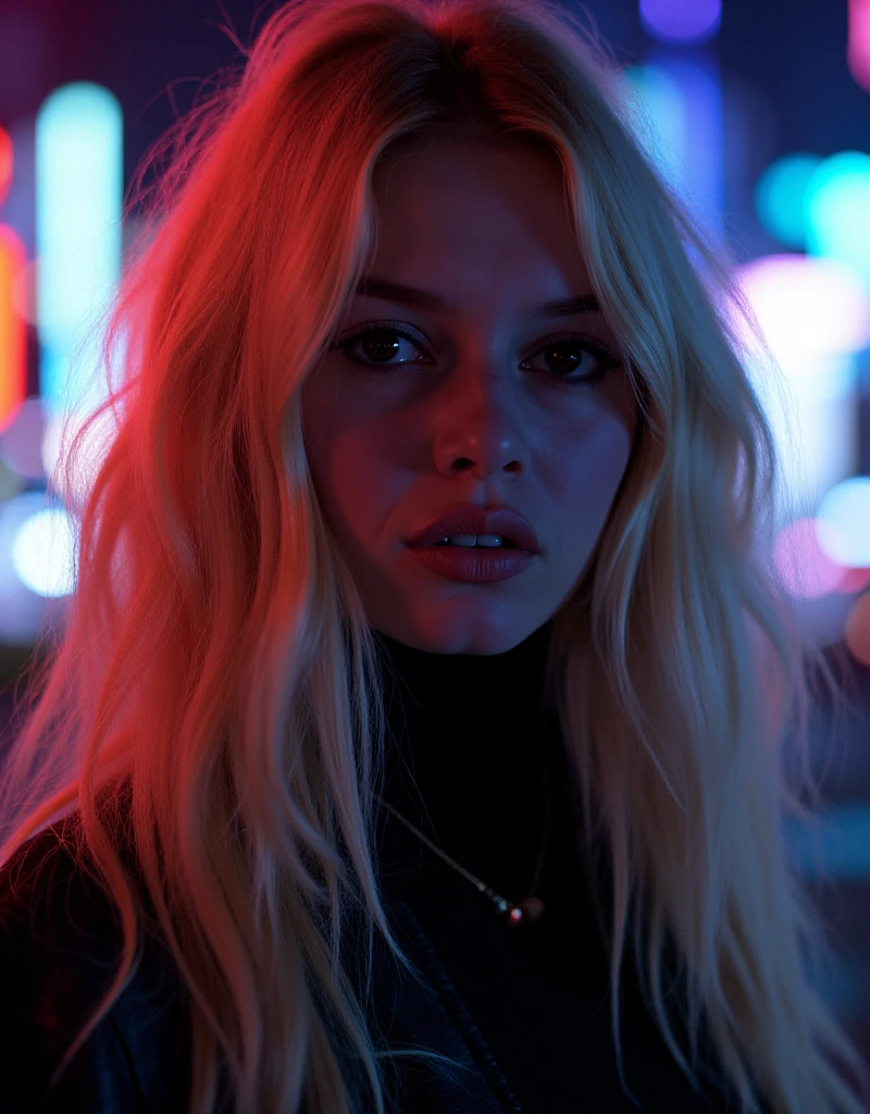 <lora:Brigitte_Bardot:1> brigitte bardot, woman, long blond hair. she wears a alien technology cyberpunk turtleneck with neon light  in front of a cyberpunk city at night. Closeup face portrait