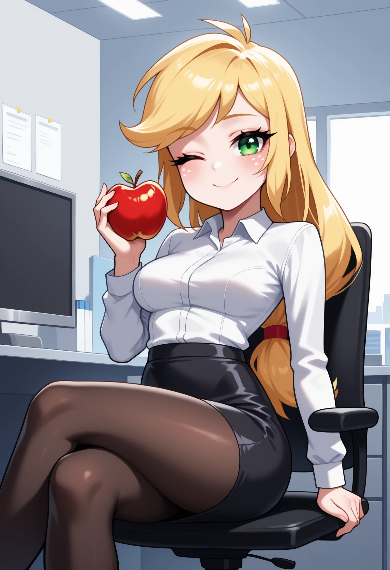 masterpiece, best quality, <break> solo, 1girl, appl3jack, freckles, smile, looking at viewer, sitting, swivel chair, crossed legs, holding fruit, apple, low-tied long hair, blonde hair, green eyes, one eye closed, white shirt, collared shirt, long sleeves, black skirt, pencil skirt, black pantyhose, indoors, office, cubicle
<segment:yolo-Anzhc Face seg 640 v2 y8n.pt,0.4,0.5//cid=1>