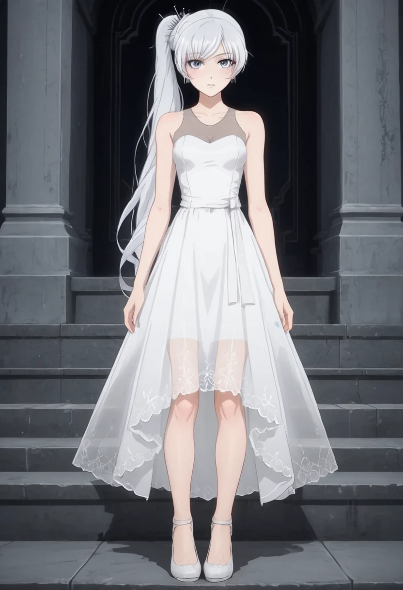 1girl, solo, <lora:weiss_v2:0.8> WeissSchnee, 1girl, white hair, blue eyes, long hair, side ponytail, scar across eye, WeissDanceDress, white dress, sleeveless, bare shoulders, see-through, shoes