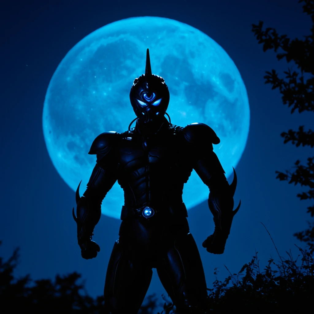 cinematic film still of  <lora:The Guyver xl v1:0.9>
The Guyver a silhouette man standing in the forests in the dark blue night standing in front of a dark full moon, perfect image, perfect body, perfect anatomy, sharp image, detailed image, Kodak film style, high quality photography, The Guyver style, solo, blue eyes, standing, weapon, outdoors, sky, tree, night, glowing, moon, grass, star (sky), night sky, glowing eyes, full moon, silhouette, dark, topknot, hayakawa aki, armor, watermark, web address, superhero, full shot, silhouette, blue sky, shallow depth of field, vignette, highly detailed, high budget, bokeh, cinemascope, moody, epic, gorgeous, film grain, grainy