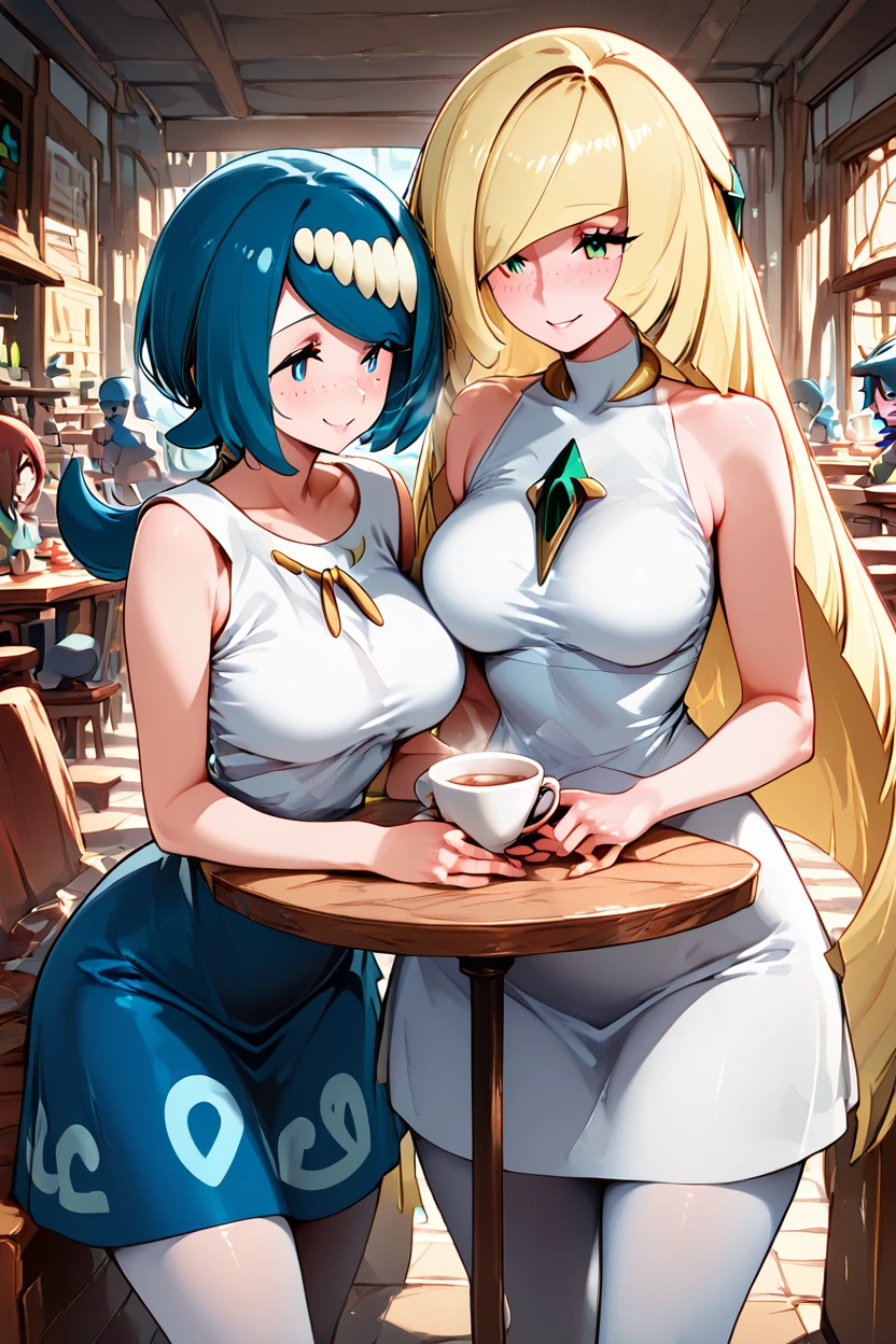 score_9, score_8_up, score_8, medium breasts, (curvy), cute, eyelashes,      ,,,  2girls, LsLm,  zzLanasMother, lana's mother (pokemon)  blue hair, blue eyes, long hair, freckles, large breasts, hair ornament, white shirt, blue skirt  zzLusamine, green eyes, blonde hair, long hair, very long hair, hair over one eye, bangs, white dress, sleeveless dress, diamond (shape), green gemstone, bare shoulders, white leggings, cozy cafe, wooden tables, steaming coffee cups, plate of pastries, warm sunlight through windows, two women chatting, laughing, one leaning forward, relaxed atmosphere, barista in the background, books on the table, gentle indoor lighting  ,<lora:LusamineLamamaPDXL_v2:1.0>  ,,,  ,,, smile, looking at viewer,  abstract background, white outline,  ,,, embedding:zPDXL, Expressiveh, <lora:CatalystStylePDXL:0.6>,  <lora:SDXLFaeTastic2400:0.5>,  <lora:Expressive_H-000001:0.4>,