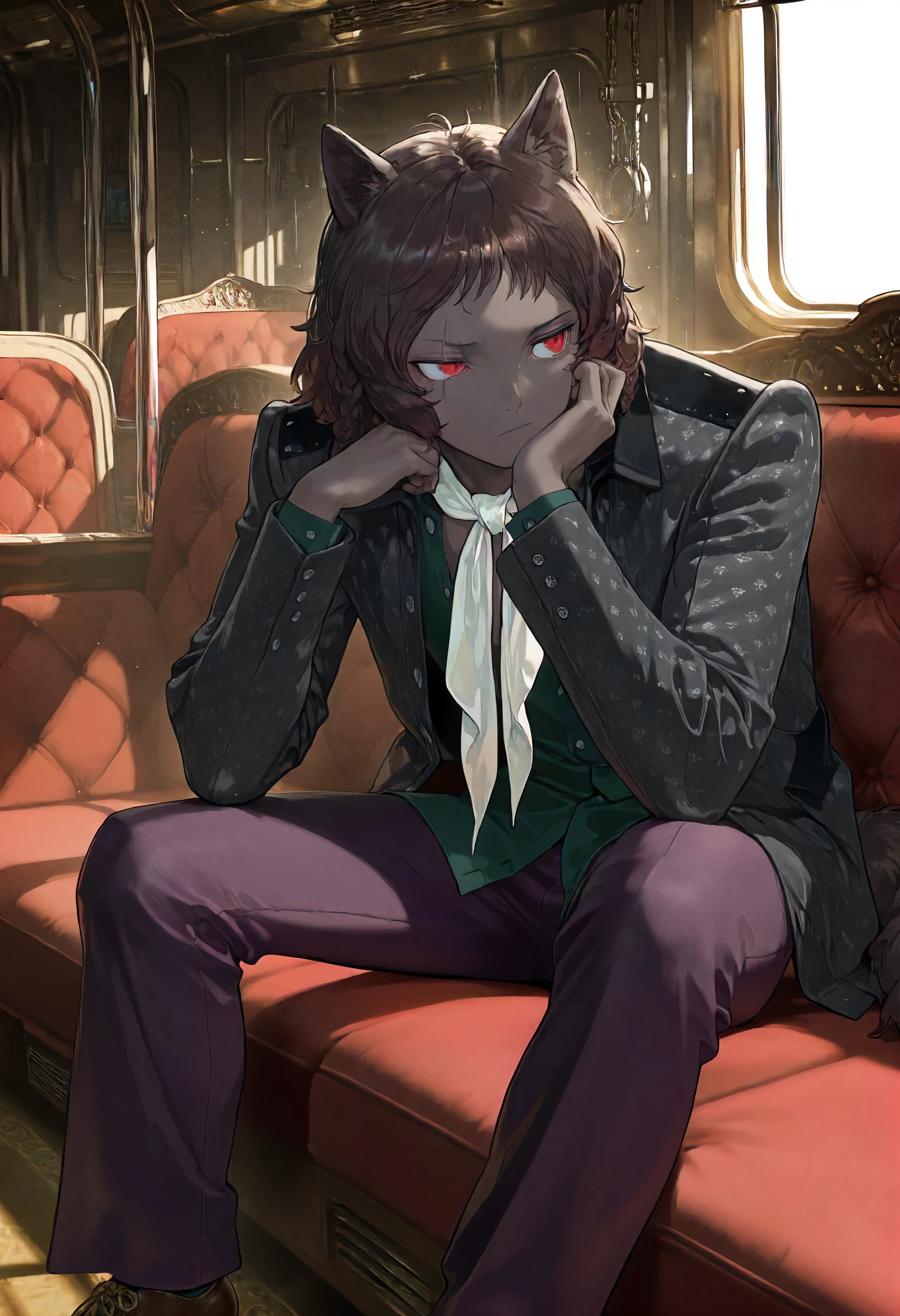 masterpiece, best quality, amazing quality, very aesthetic, absurdres, newest, scenery, volumetric lighting, perfect eyes, ultra detailed,
1boy, Basilio, solo, dog ears, brown hair, red eyes, slit eyes, single eye scar, dark skin, 
white neckerchief, black pattern jacket, green undershirt, unbuttoned shirt, gold chain, purple pants, brown shoes,
sitting, thinking, pensive, head resting on hand,
ship interior, red sofa, metallic walls, detailed background, backlighting,
<lora:Basilio_-_Metaphor_ReFantazio__Illustrious:0.8>
masterpiece, best quality, amazing quality, very aesthetic, absurdres, newest, scenery, volumetric lighting, perfect eyes, ultra detailed,