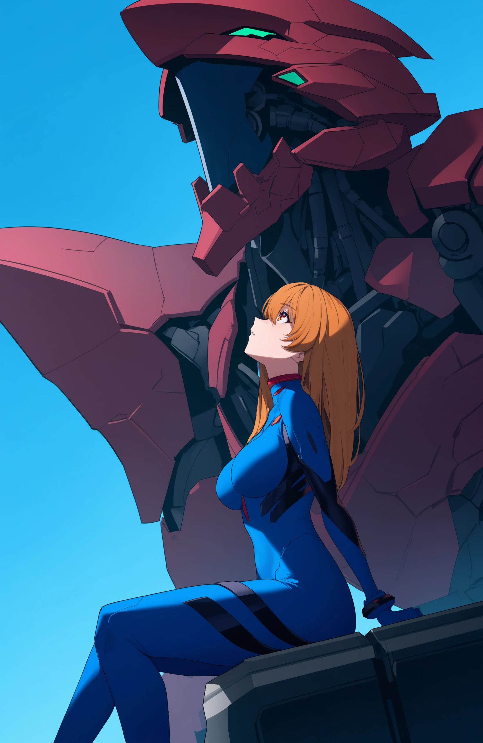 masterpiece, best quality, 1girl, blue bodysuit, (plugsuit:0.5), mecha, sitting, looking up, blue sky, from side