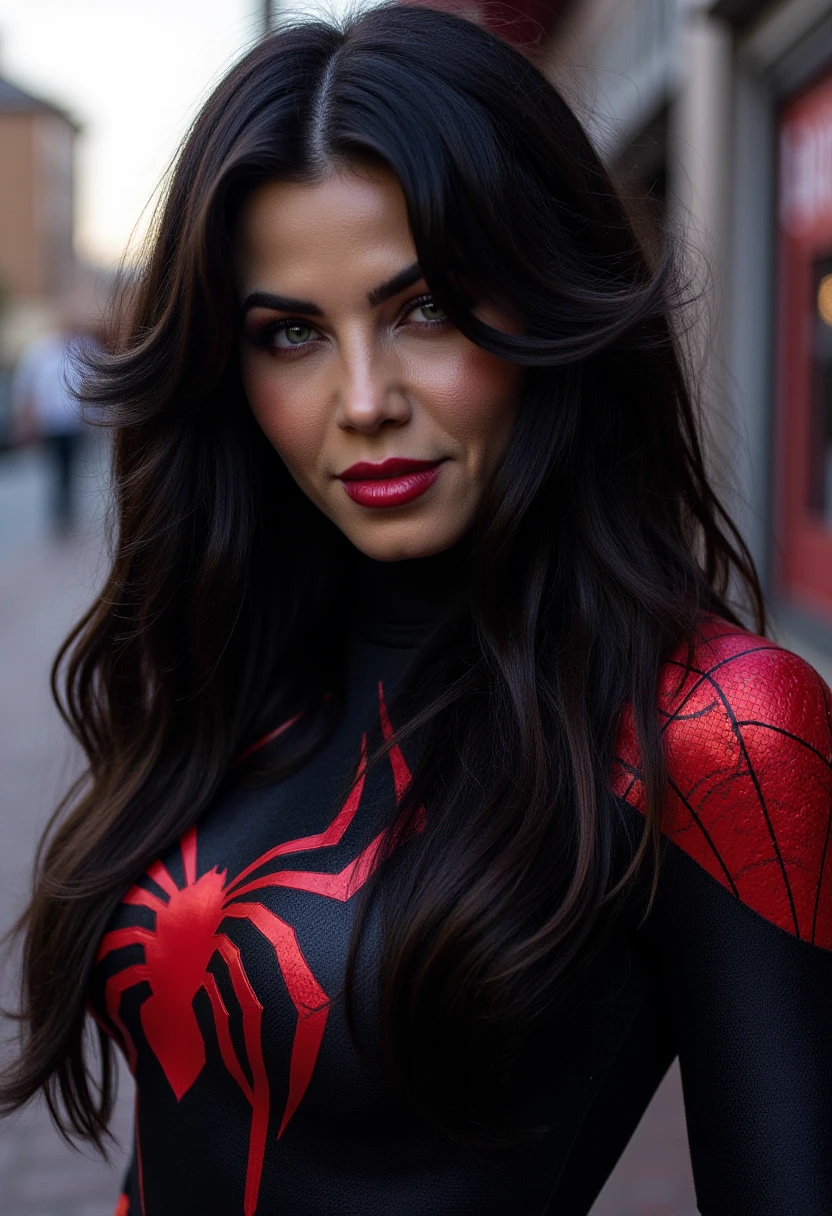 a woman, 25ear old, long brunette hairs, 8K, UHD, flash lighting, professional lighting, textured skin, romantic smile, sexy, cleavage, spiderwoman cosplay, spiderman costume, on a buiding roof, at night