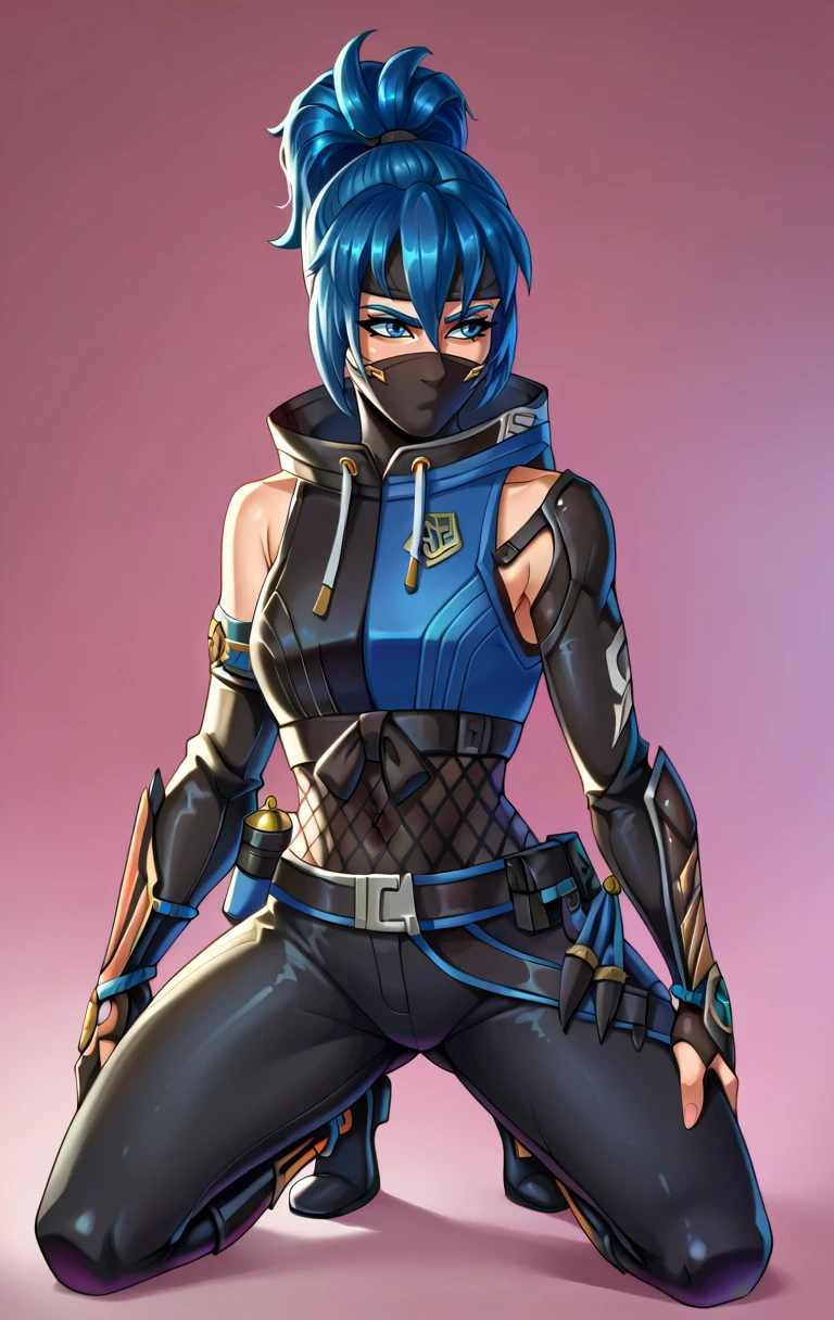 score_9,score_8_up,score_7_up,zPDXL2,zPDXLxxx,zPDXL3,<lora:ShadowBladeHope:1>,ShadowBladeHopeSDXL,1girl,blue eyes,gloves,blue hair,ponytail,mask,mouth mask,ninja,kunai,ninja mask,cowboy shot,kneeling, v