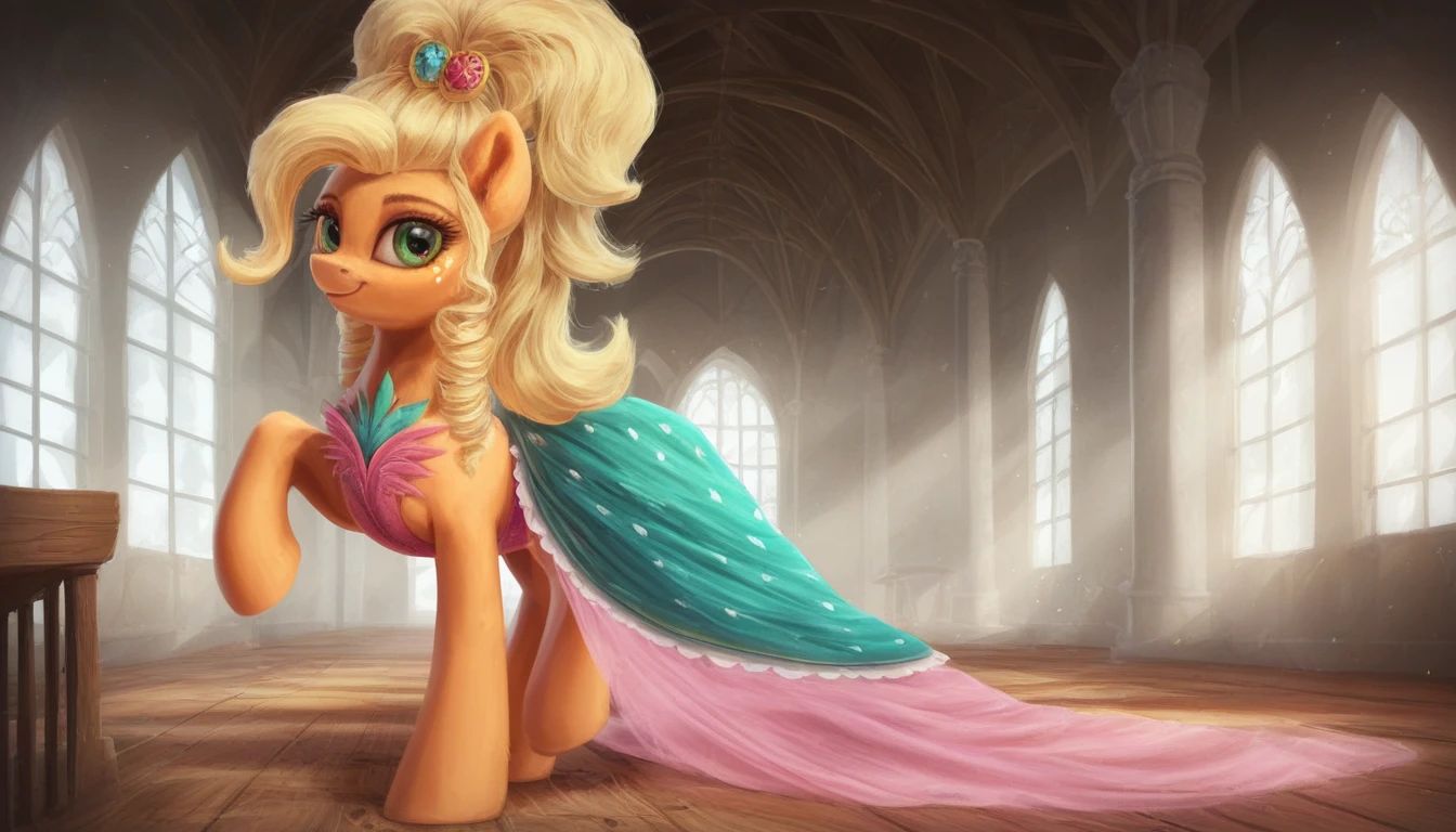 my little pony, ((feral pony))Applejack
<lora:Applejewel:1>a pink dress with a blue pattern and green elements, a lush blond mane with curls, decorated with a hairpin with multicolored stones,
score_9, score_8_up, score_7_up, score_6_up, score_5_up, score_4_up, rating_safe,  an abandoned castle-like building, the room is in semi-darkness and pierced by rays of light shining through the high arched window openings, a wide staircase leading upwards to the altar, the staircase is decorated with an elegant baluster railing. Everything is covered with layers of dust and covered with vegetation,, mlp (( pony, little, )), (high quality, detailed, beautiful), shiny, adorable face, detailed beautiful eyes, realistic, outstanding, contrast, detailed soft lighting, fluff in ears, ((pony,)), (high quality, detailed, beautiful), shiny, adorable face, detailed beautiful eyes, realistic, outstanding, contrast, detailed soft lighting, fluff in ears, cinematic vintage photography,