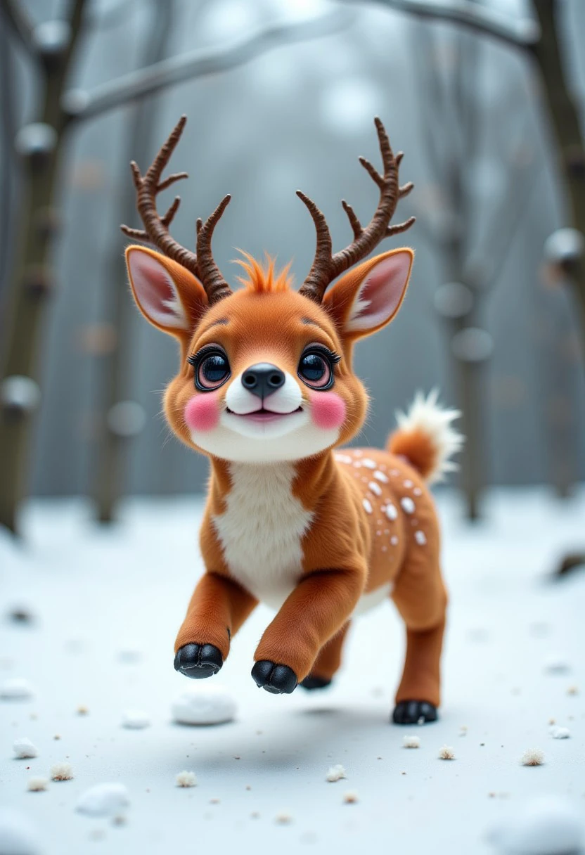 a very cute fat happy Christmas deer with rosy cheeks jumping happily in the snow