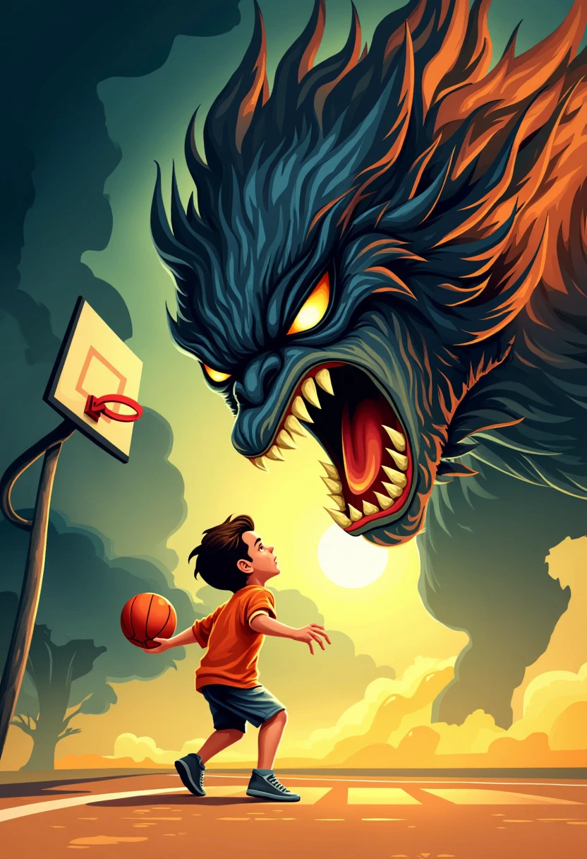 Vector illustration of a little boy, playing basketball face to a big Monster, angry