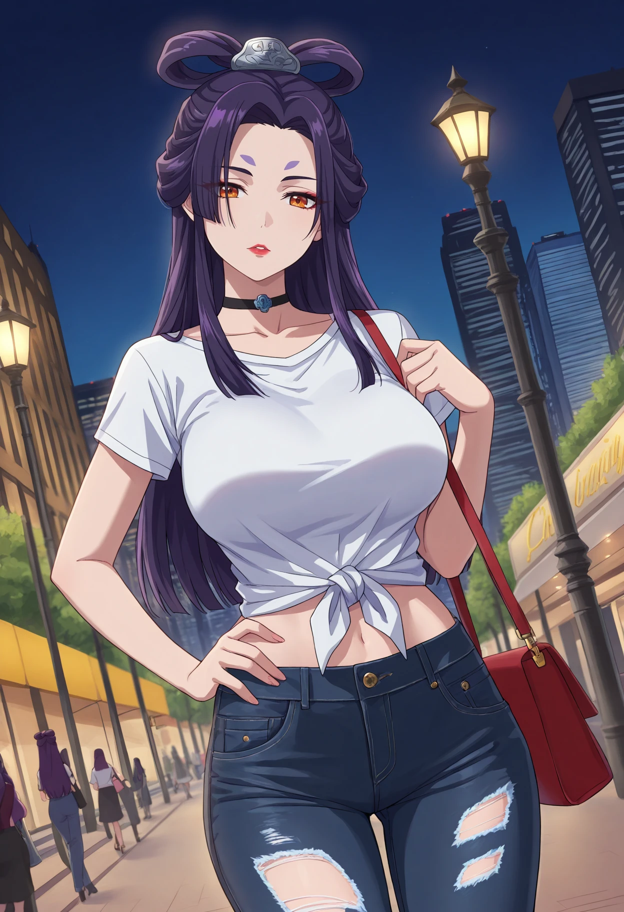 masterpiece, best quality, 1girl, 
<lora:Joka_The_Apothecary_Diaries_IL_V1:1>, KJOjoka, purple hair, parted bangs, orange eyes, lipstick, half updo, hair rings, long hair, hair ornament, makeup, (facial mark), 
torn jeans, midriff, tied white shirt, short sleeves, choker, handbag over shoulder,
expressionless, parted lips, hand on own hip, dutch angle, looking at viewer, head tilt, 
city, night, city street, lamppost, night sky, skyscraper, 
(Beautiful, large Breasts:1.2),