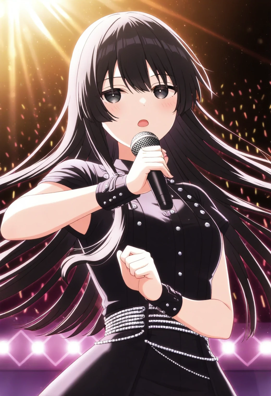 <lora:Yumiella Dolkness - [Villainess Level 99] - illustriousXL v1:1>, long hair, black hair, black eyes, concert, stage lights, holding microphone, rock outfit, dynamic pose