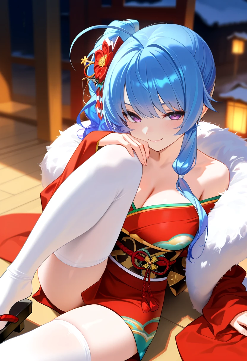 masterpiece, best quality,  <lora:stlouisaio-initium-test1:1>, seductive smile,   blue hair, ahoge, purple eyes, side ponytail, long sidelocks, red kimono, short kimono, white thighhighs,fur boa, geta, obi, off-shoulder kimono, hair flower, hair ornament, red ribbon, wide sleeves,