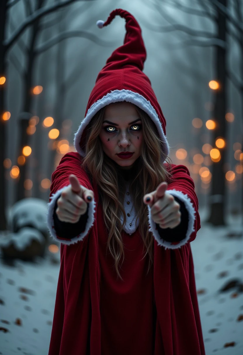 a gritty hardcore photo a Christmas witch wearing a red witch hat and red clothing with white trim like a Santa outfit pointing towards the camera in a winter forest covered in snow and Christmas lights, a soft subtle glow