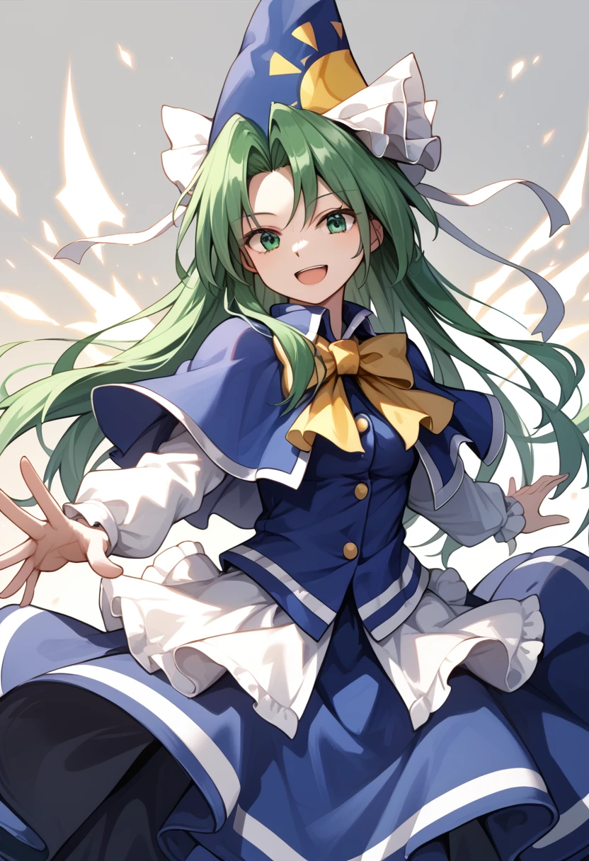 score_9_up, score_8_up, score_7_up, BREAK source_anime, (masterpiece), (best quality), 1girl, mima (touhou), green eyes, green hair, solo, long hair, blue capelet, hat, bow, blue headwear, skirt, long sleeves, open mouth, blue skirt, smile, wizard hat, <lora:mima(touhou)-V1:1>