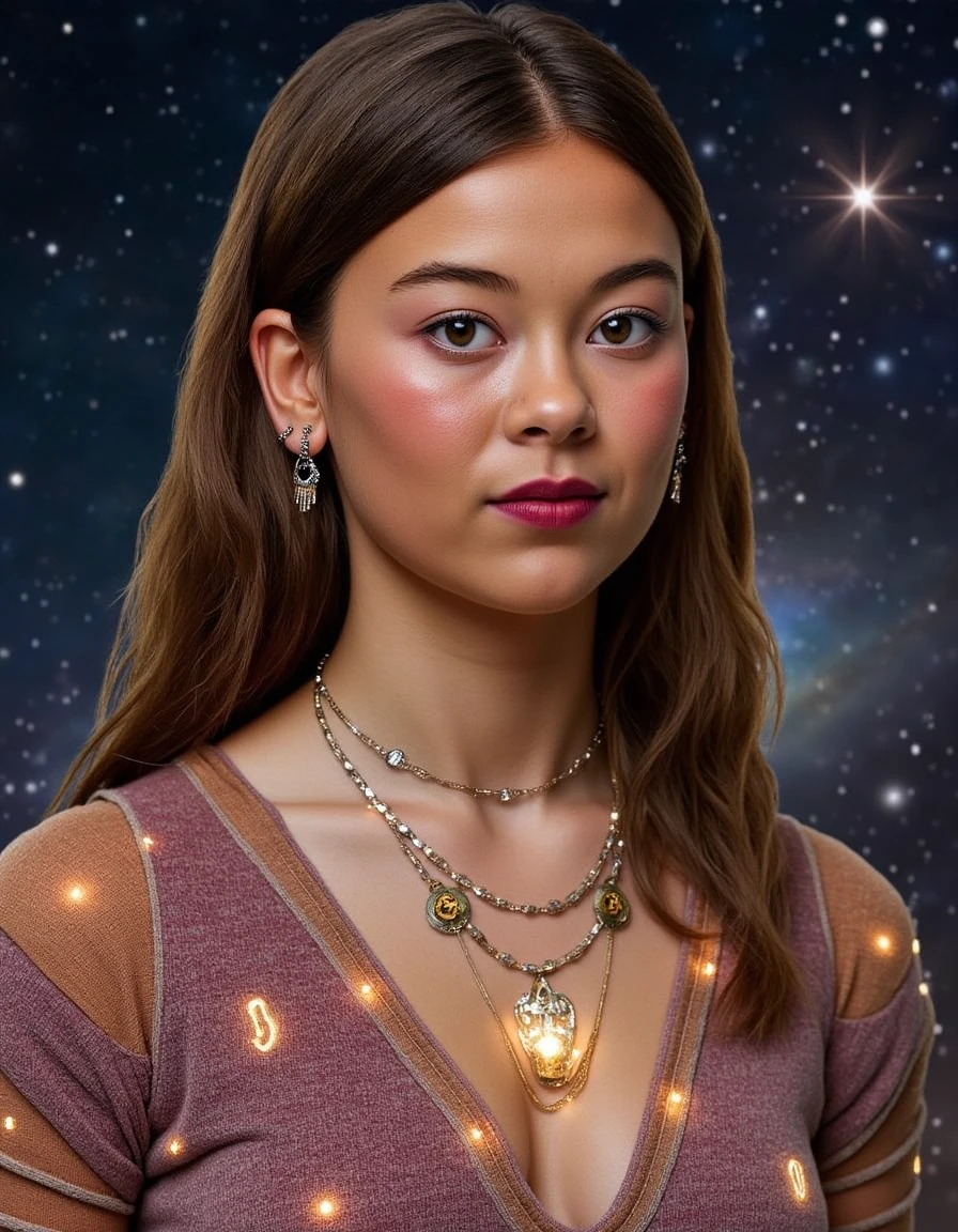 <lora:lukita-maxwell:1.2> lukitam, brown hair, Gorgeous Galactic, A hyper-realistic portrait of a galactic female with glowing skin that shimmers with the colors of the cosmos, adorned with intricate golden ornaments and celestial jewelry. Her body is marked with luminescent runes that pulse faintly, creating a mystical aura. She wears a flowing, iridescent robe made of stardust-like fabric, and her hair cascades like a nebula, swirling with vibrant colors. The background features distant galaxies and stars, with soft beams of light illuminating her divine form. The image is framed with a cinematic close-up to capture the intricate details of her ornaments and glowing runes.