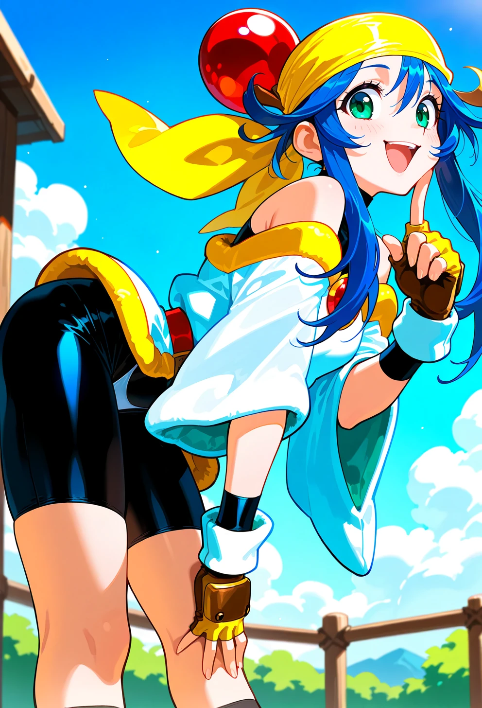 masterpiece, best quality, high quality, anime, <lora:AELimeIlx:1>
AELime, green eyes, blue hair, long sidelocks, short hair with long locks, yellow bandana, hair bobble, bare shoulders, off-shoulder shirt, white shirt, long sleeves, wide sleeves, black bodysuit, turtleneck bodysuit, bodysuit under clothes, fingerless gloves, yellow gloves, belt, bike shorts, spandex, panties over bike shorts, black socks,
smile, open mouth, legs together, finger to cheek, leaning forward, arched back, blue sky,