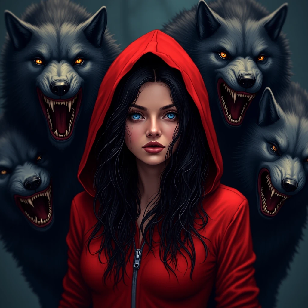 cinematic film still of  <lora:Little Red Riding Hood v1:0.8>
Little Red Riding Hood a woman in a red hoodie and three demon wolfs, long hair, looking at viewer, open mouth, blue eyes, black hair, teeth, hood, blurry, fangs, sharp teeth, glowing eyes, hood up, wolf, red hood, closeup, comic drawing style, shallow depth of field, vignette, highly detailed, high budget, bokeh, cinemascope, moody, epic, gorgeous, film grain, grainy