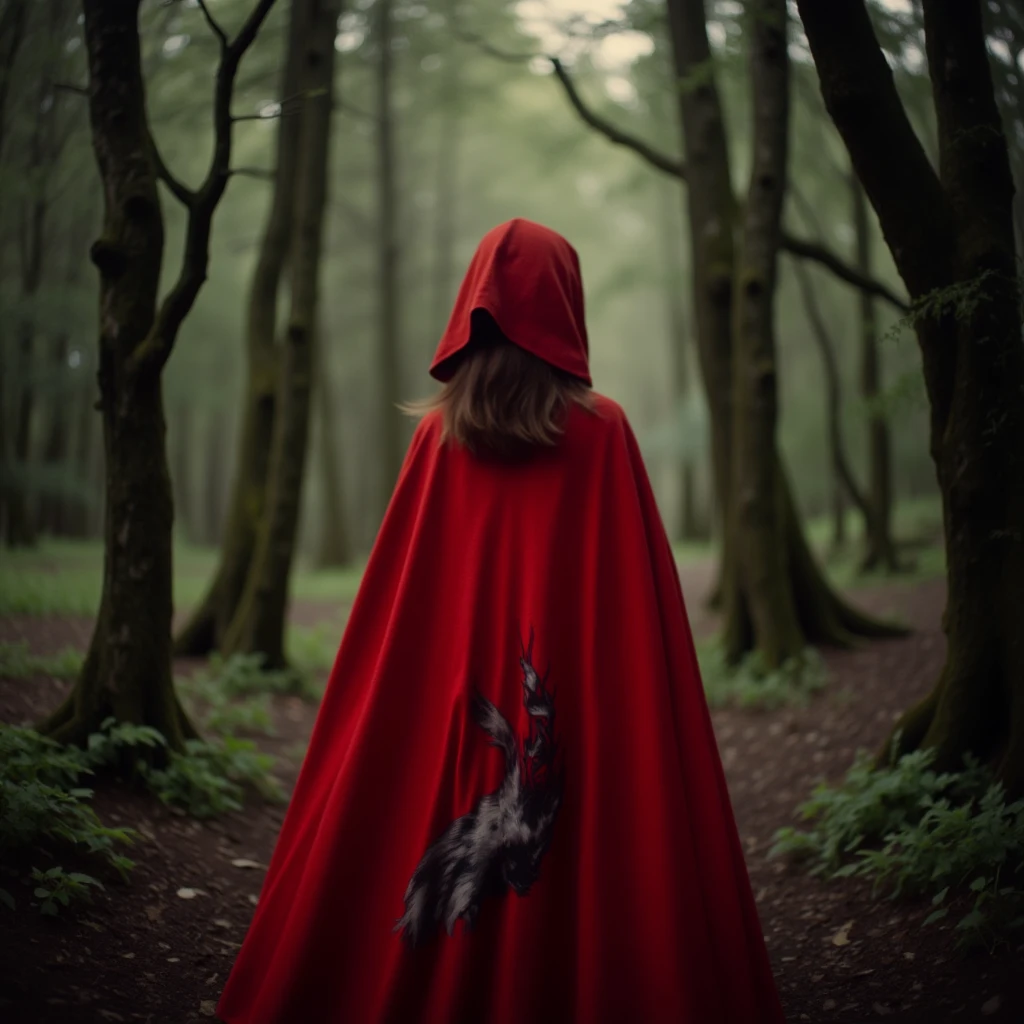 cinematic film still of  <lora:Little Red Riding Hood v1:0.8>
Little Red Riding Hood a woman in a red cloak with a wolf's paw on her back cloak, solo, looking at viewer, outdoors, signature, blurry, tree, no humans, animal, nature, forest, from behind, shallow depth of field, vignette, highly detailed, high budget, bokeh, cinemascope, moody, epic, gorgeous, film grain, grainy