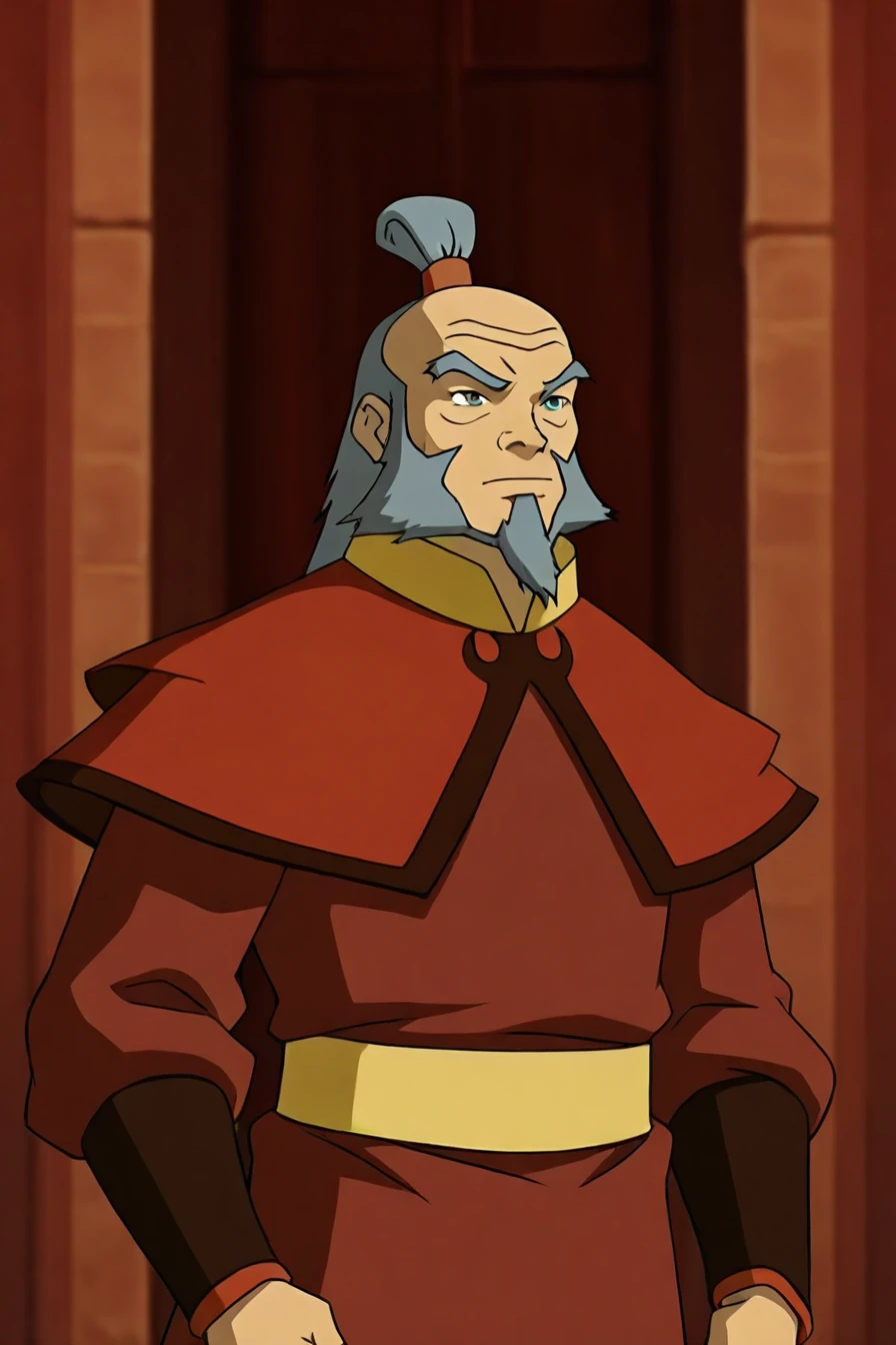 old, topknot, beard, chinese clothes, capelet, sash, long sleeves, elbow gloves, 1boy, solo, alone, <lora:avatar_the_last_airbender_style_illustriousXL:0.8>, avatar_last_airbender_style, masterpiece, highres