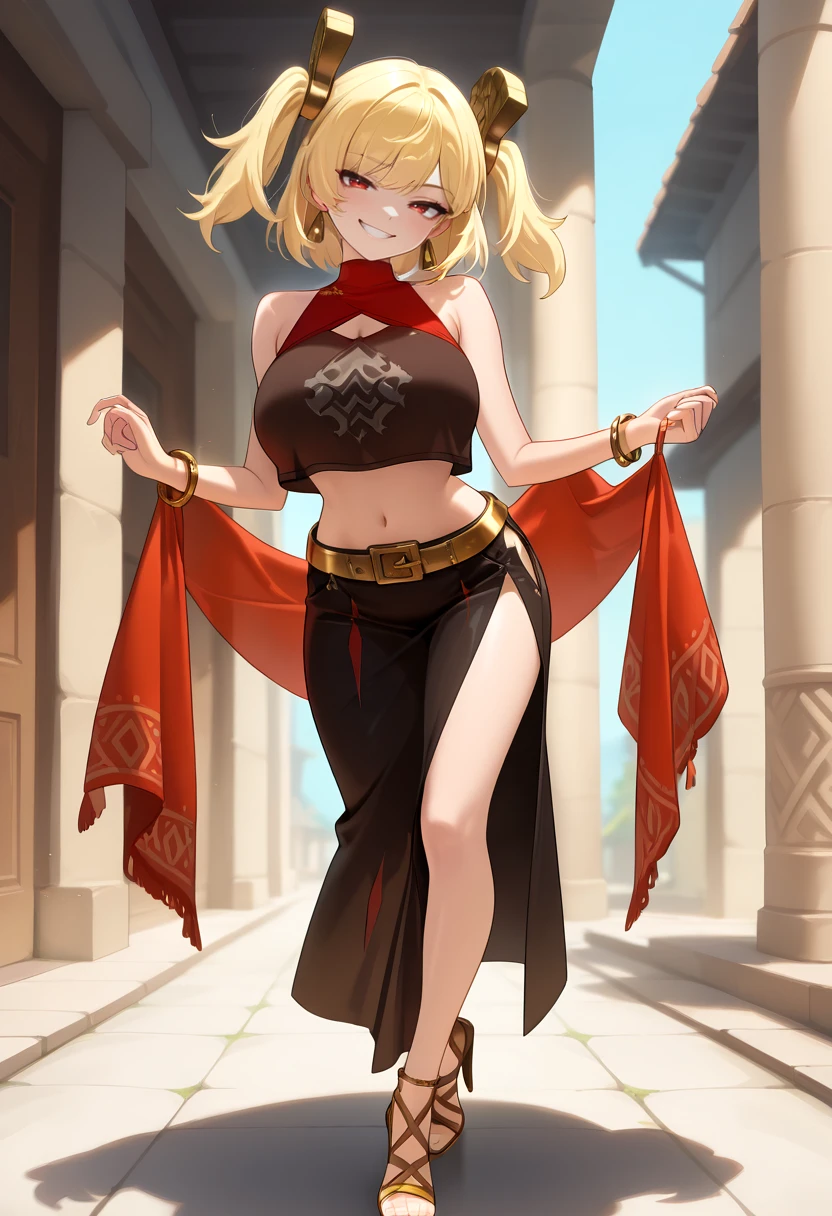 masterpiece, best quality,  brncwht, red eyes, blonde hair, medium hair, twintails, hair ornament, large breasts <lora:Hoseki_ZenlessZoneZero_BurniceWhite_IllustriousXL_v1:1>, bare shoulders, bracelet, crop top, earrings, high heeled sandals, long skirt, side slit, midriff, navel, shawl, side slit, sleeveless croptop, crop top overhang,  gold belt, <lora:fftdnc-initium-ilxl:1>, smug, grin,