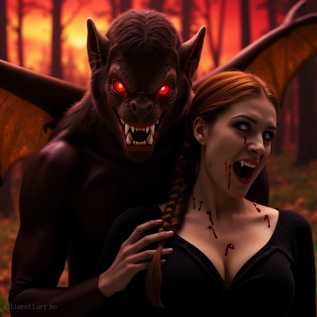 cinematic film still of  <lora:bite vampire style v1:0.8>
Vampire Bite a vampire bat creature holding a biten woman in the neck, horror movie themed, sharp, detailed, epic cinematic photography, artistic, dramatic light, cinematic color style, Kodak film style, cinematic monster style, Vampire Bite style, 1girl, long hair, breasts, red eyes, cleavage, braid, wings, teeth, orange hair, tree, lips, blood, fangs, veins, sunset, looking at viewer, open mouth, shirt, large breasts, brown hair, outdoors, sky, artist name, watermark, glowing, nature, web address, glowing eyes, forest, blood on face, monster, red sky, werewolf, shallow depth of field, vignette, highly detailed, high budget, bokeh, cinemascope, moody, epic, gorgeous, film grain, grainy