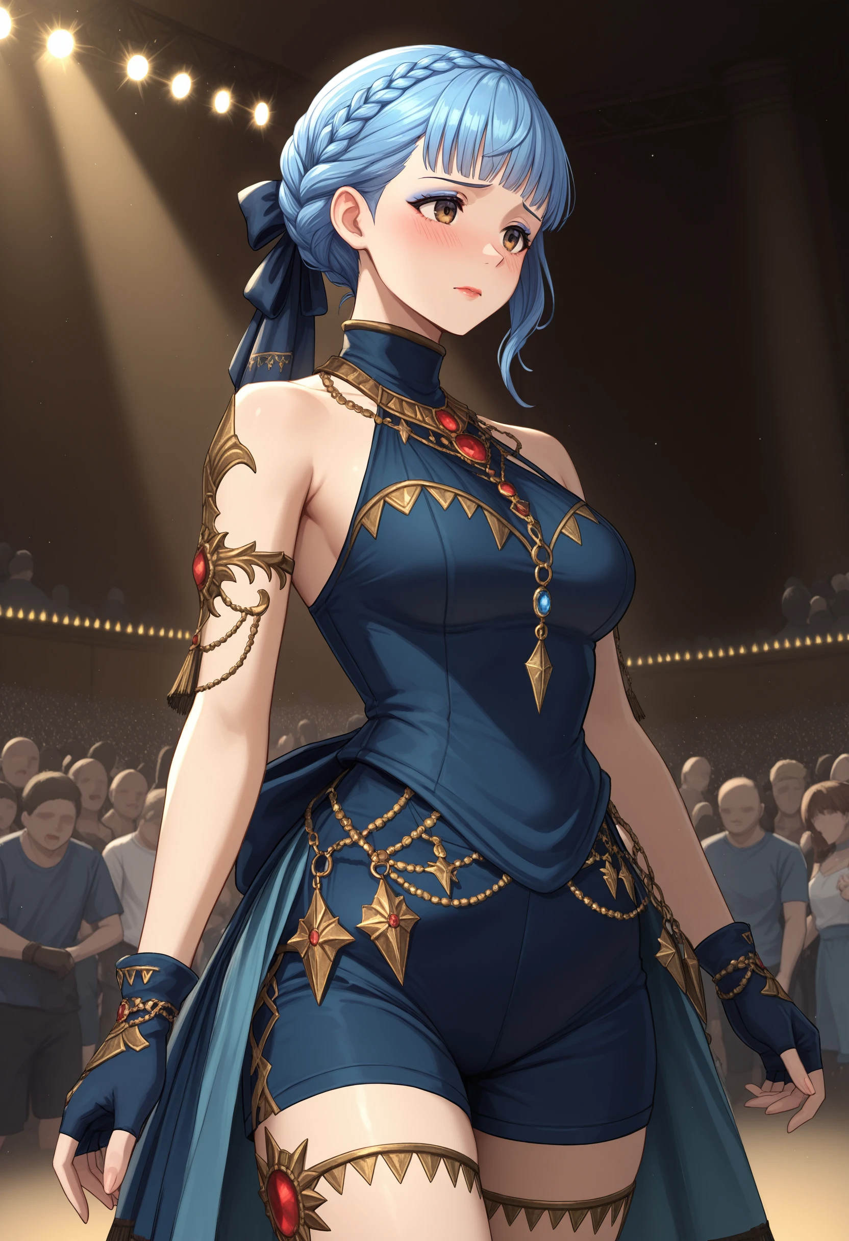 masterpiece, best quality,1girl, cowboy shot, ((center stage, crowd,  stage lights):1.5), lipstick, pastel eyeshadow,  etoile dancer, bare shoulders, fingerless gloves, jewelry, fringe trim, shorts, bow, hair ornament, hair ribbon, armlet, thigh strap,dancer skirt, , <lora:Etoile_DancerIL:1> ,
marianne von edmund, (blue clothing:1.5),blue ribbon, crown braid, short hair, embarrassed, blush,