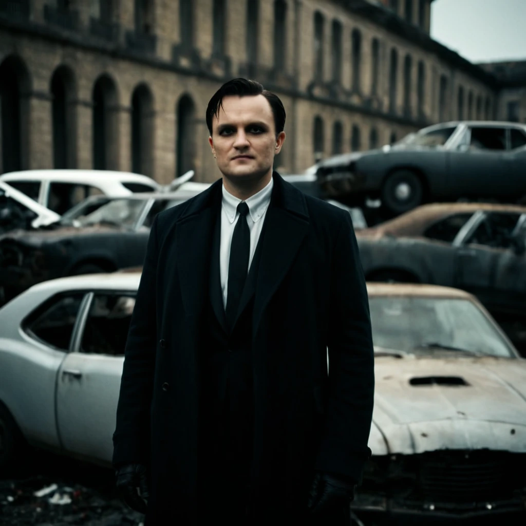 cinematic film still of  <lora:dark cinematic the batman 2022 xl:0.9>
Oswald Cobblepot a man standing in front of a pile of wrecked cars, detailed background, cinematic shadows, cinematic dark color, chiaroscuro style, perfect cinematic image, perfect body, perfect anatomy, sharp image, detailed image, high quality photography, cinematic skin tone color, cinematic skin pore, cinematic photography style, dark cinematic style, solo, looking at viewer, short hair, shirt, male, closed mouth, jacket, white shirt, coat, facial hair, motor vehicle, car, shallow depth of field, vignette, highly detailed, high budget, bokeh, cinemascope, moody, epic, gorgeous, film grain, grainy