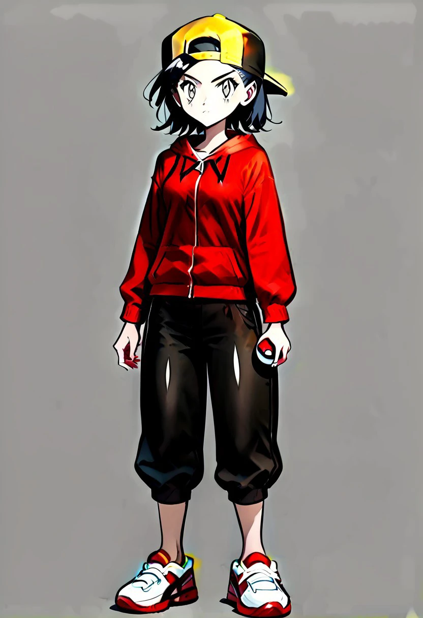 {FemEthan, FemGold, black hair, adult:1.5, medium length hair, grey eyes, 1woman, solo, full body render, throwing a pokeball, black with yellow baseball cap, backwards cap, red hoodie, white shirt, black capri pants, red with white shoes, }
simple background, gray background, flat background, 4kFacePonyXL