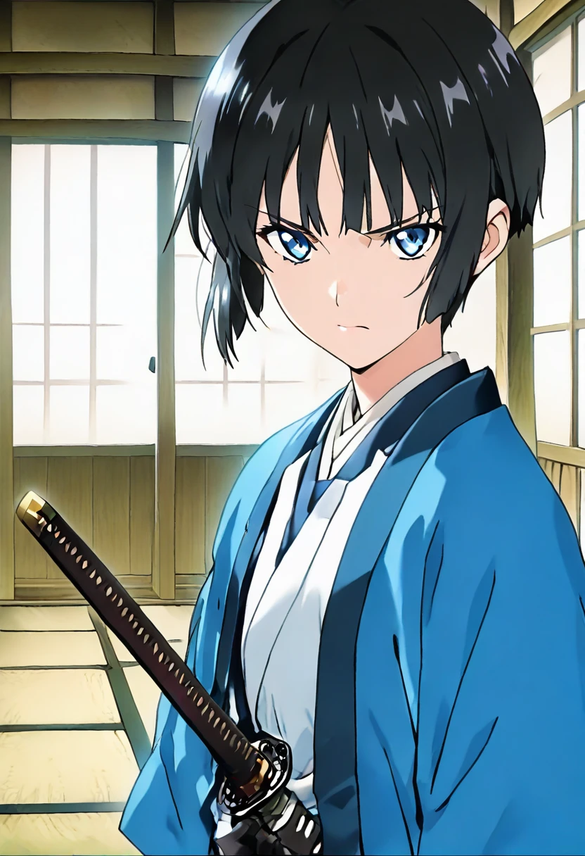 masterpiece, best quality, absurdres, detailed skin, anime colored, anime screencap,
<lora:aki:1> , SaitoE, black hair, looking at viewer, serious,
 <lora:BDpony_ShinsengumiUniforms_V1-17556:1>, ShinsengumiUniforms, weapon, sword, katana, japanese clothes, haori,  looking at viewer, upper body, 
Japanese-style room, Tatami,