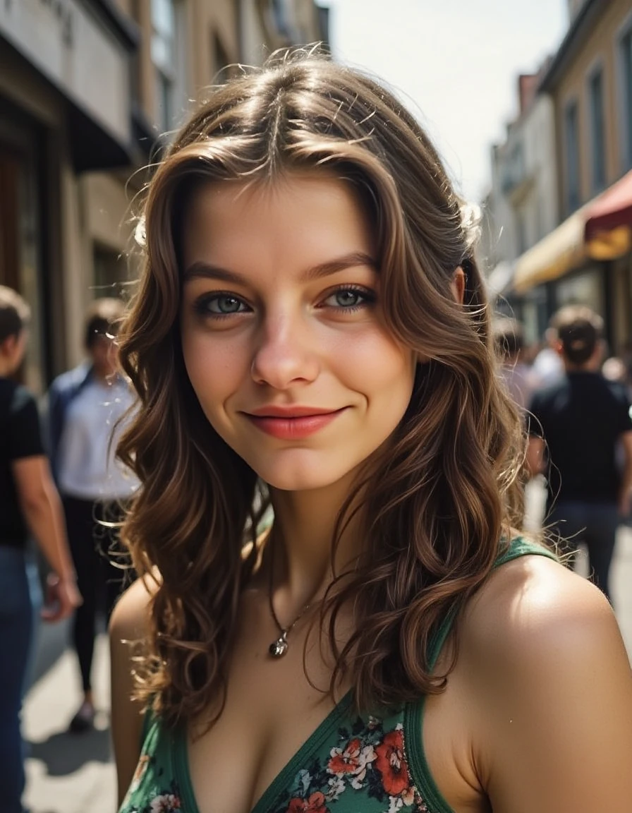 35mm full body picture of a young woman wearing a dress in a crowded street, professional, atmospheric haze, excellent dynamic range, masterpiece, excellent quality, ultra detailed, subtle lighting, soft focus, detailed shadows