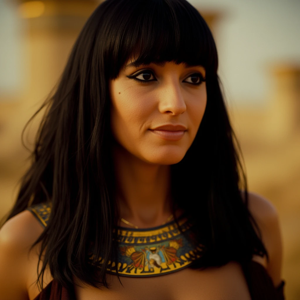 cinematic film still of  <lora:Egyptian mythology style v2:0.8>
Long time ago In ancient Egypt, a different unique picture of different ancient egyptian a woman with long black hair and a necklace, Ancient style, historical style, movie themed, sharp, detailed, epic cinematic photography, artistic style, creative style, dramatic cinematic light, cinematic color style, Kodak motion picture film style, cinematography style, Egyptian mythology style, ancient egyptian style, 1girl, solo, long hair, looking at viewer, bangs, black hair, jewelry, dark skin, blunt bangs, necklace, dark-skinned female, lips, portrait, realistic, black eyes, photorealistic
, shallow depth of field, vignette, highly detailed, high budget, bokeh, cinemascope, moody, epic, gorgeous, film grain, grainy