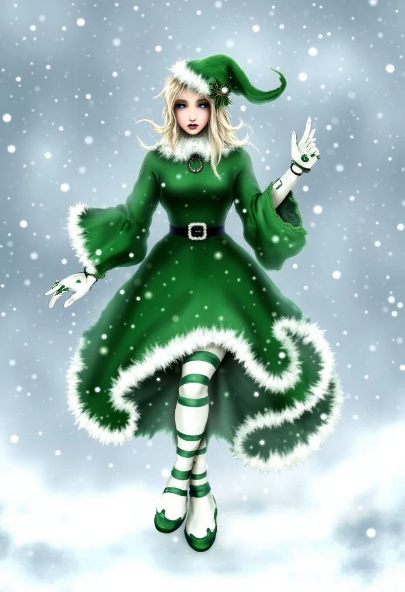 An extremely Christmas work of art of a beautiful elf wearing striped white and green leggings and a beautiful big green puffy Victorian coat with with a black belt and big fluffy white trim standing gracefully in the winter snow by AmeshinART