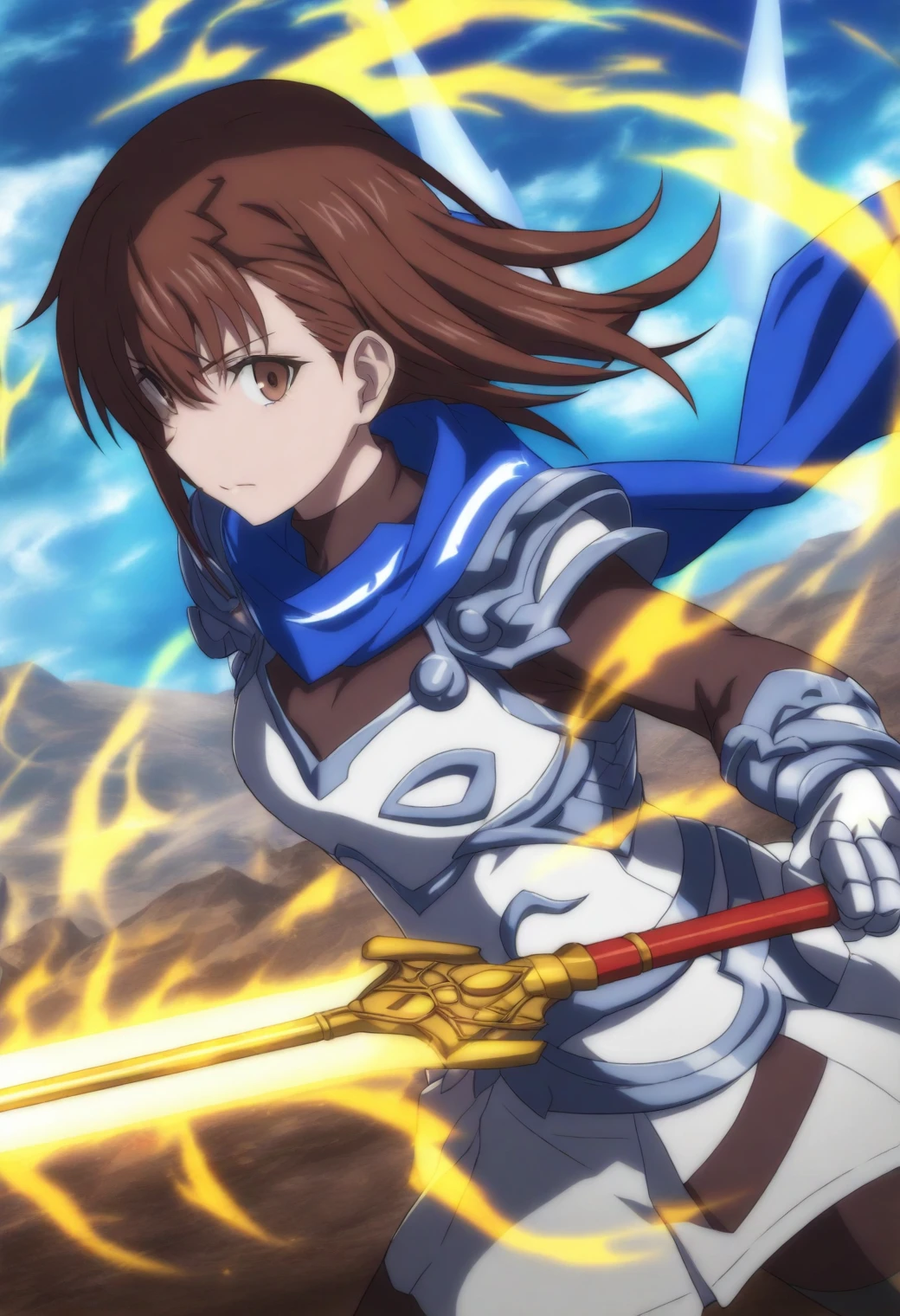 <lora:Mikoto Misaka - [A Certain Scientific Railgun] - illustriousXL v1:1>, sysdeep_mikoto, brown hair, brown eyes, medium hair, celestial battlefield, holding glowing spear, starlit armor, divine presence, powerful aura