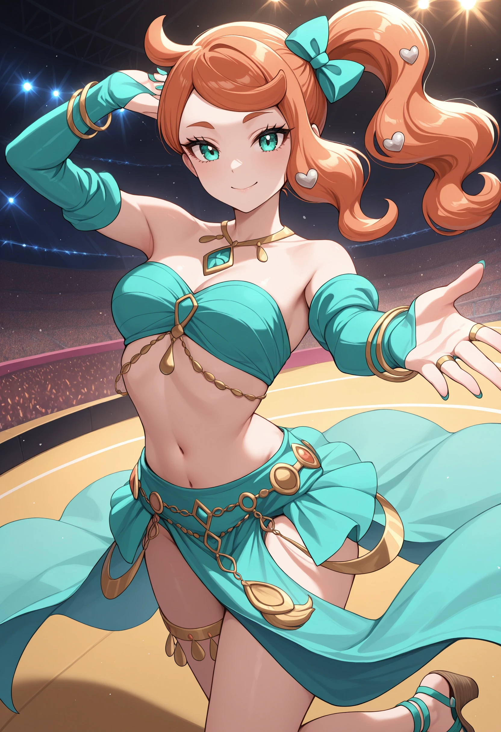 masterpiece, best quality,1girl, solo, portrait, upper body, on stage, concert, stage lights, stadium, dancing, arms out, arms spread, smile, floating hair, floating clothes,  
sonia \(pokemon\), 
dncaf, bandeau, bridal gauntlets, pelvic curtain, aqua bow, hair bow, jewelry, bare shoulders, navel, midriff, sandals, leg jewelry,  wedge heels,  (aqua clothing:1.5),
<lora:Dancers_AttireIL:1>