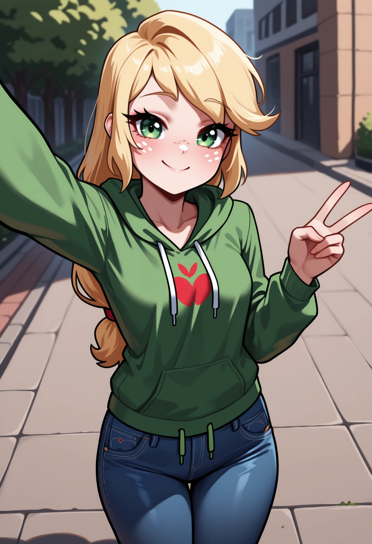 masterpiece, best quality, <break> solo, 1girl, appl3jack, freckles, smile, looking at viewer, standing, v, selfie, low-tied long hair, blonde hair, green eyes, green hoodie, hood down, drawstring, long sleeves, jeans, outdoors, day, sidewalk
<segment:yolo-Anzhc Face seg 640 v2 y8n.pt,0.4,0.5//cid=1>