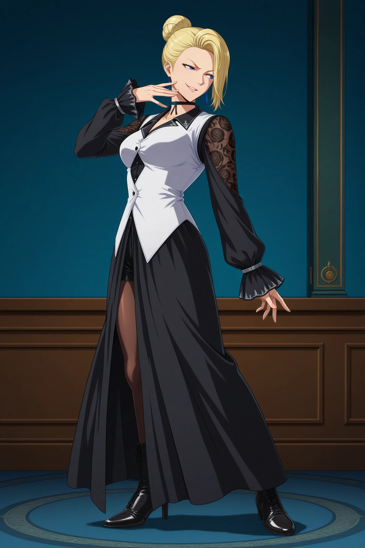 masterpiece, best quality, amazing quality, highres, absurdres, very aesthetic, high resolution, ultra detailed, perfect details, 1girl, looking to the side, indoors, medium breasts, mature (kof), blonde hair, short hair, hair bun, hair over one eye, blue eyes, blue earrings, black dress, long dress, long sleeves, choker, white vest, clothing cutout, fishnet sleeves, frilled sleeves, front slit, black pantyhose, pantyhose under shorts, black shorts, short shorts, black footwear, high heel boots, <lora:Mature_KOF_XV_ILXL:0.8>, (aged up:1.5), (full body:1.5), anime coloring, anime screencap, (pose:1.3), (smirk:1.4), hand to own mouth, open mouth, from side