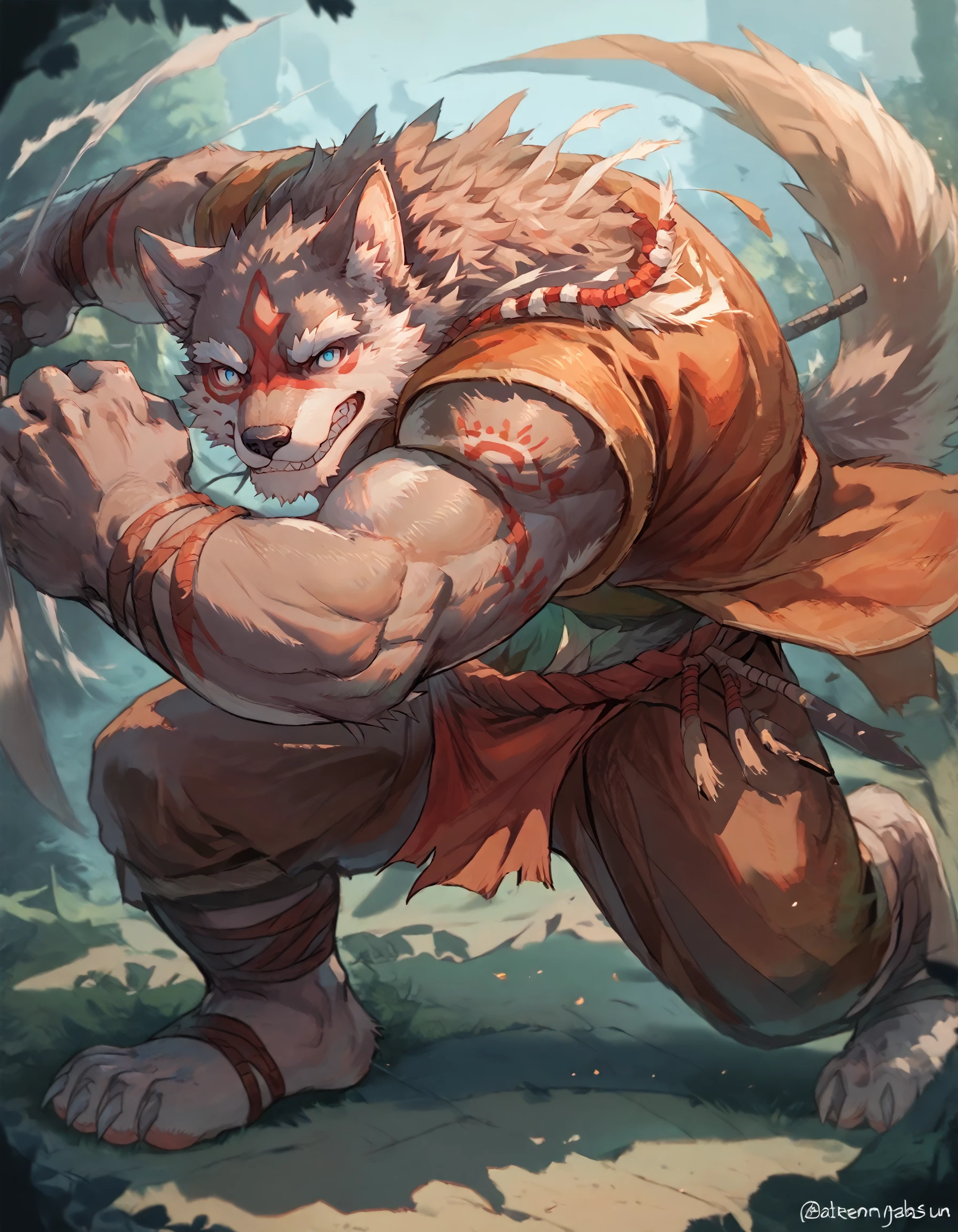 score_9, score_8_up, score_7_up, rating_safe, source_furry, detailed, detailed background, 2D, solo, soft light, fighting stance, BREAK   Eyv1ndXL, bara, anthro, body fur, male, blue eyes, red markings, face markings, fur, tail, furry, clothed, tribal clothing, fighting stance, smirk  embedding:zPDXL3,   <lora:Eyvind_-_Tavern_of_Spear_-_PonyXL.safetensors:1.0>, <lora:fight stance V2.safetensors:1.0>,