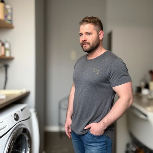 light-haired man standing in a modern, and he has a thick beard and short, trendy look. He has a light beard and mustache. He is wearing a gray T-shirt with a faint, which exposes his muscular chest and arms, standing in a laundry room. He has short, revealing a prominent, Adam. The image is a photograph featuring a side profile of a man standing in a domestic setting