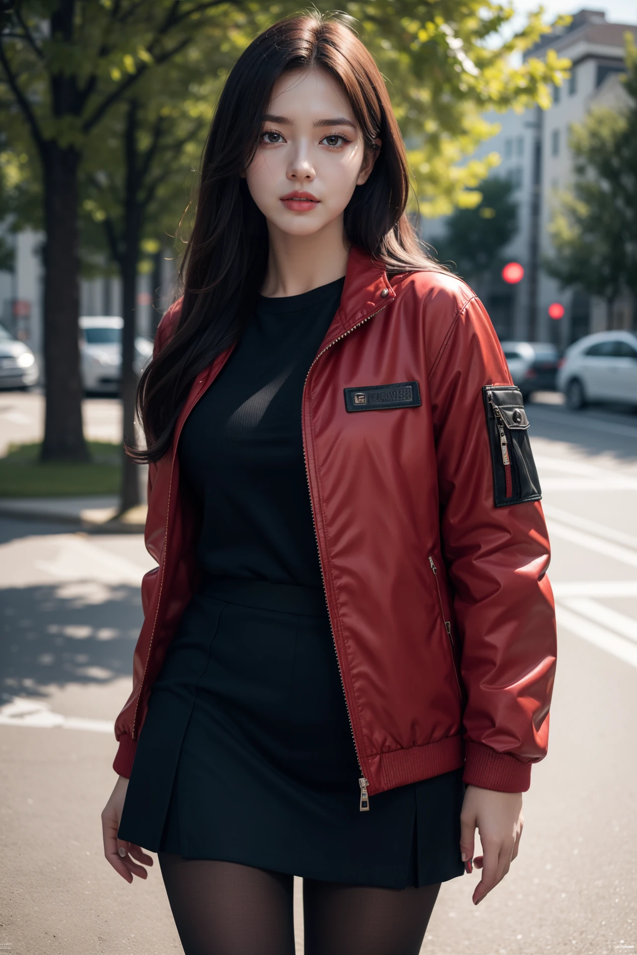 masterpiece, best quality, photorealistic, ultra high resolution, ultra detailed, 8k HDR, absurdres, realistic skin, detailed skin, realistic lighting, 1girl, solo, outdoors, long hair, black hair, red jacket, black skirt, black pantyhose