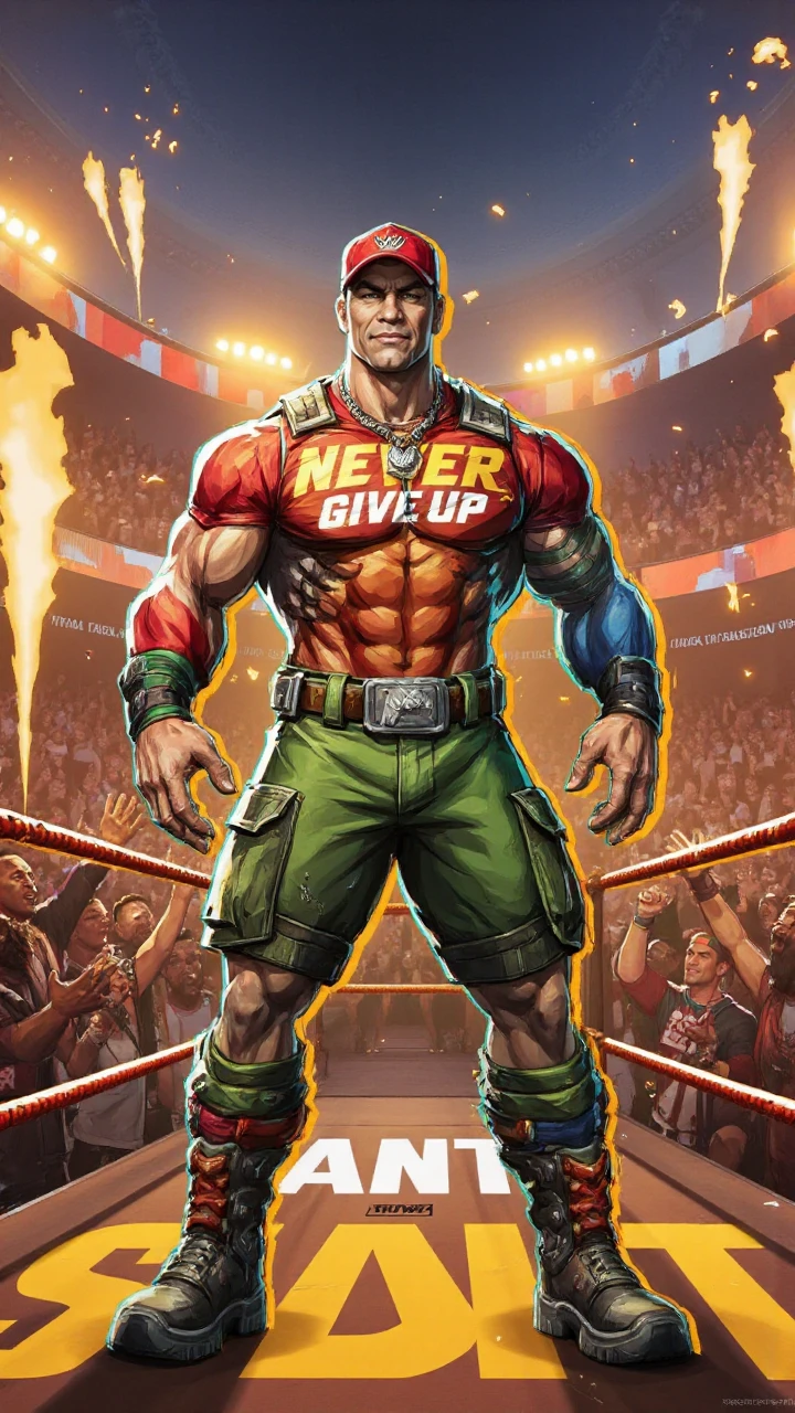 rivals, Picture John Cena in a packed wrestling arena, standing tall and exuding a commanding presence. His muscular physique is showcased in his signature look: a bright, colorful T-shirt featuring bold slogans like "Never Give Up," paired with cargo shorts and vibrant armbands in hues of green, orange, or blue, depending on his current theme. His iconic baseball cap sits slightly tilted, and a sweatband on his wrist completes the look. Cenaâs determined expression is complemented by his confident smile, a mix of charisma and intensity. Around his neck, a steel dog tag swings slightly, catching the bright arena lights. His stance is iconicâone hand raised in a "You Canât See Me" gesture as he hypes up the roaring crowd.
Behind him, the arena is alive with energy, the crowd a blur of waving signs and flashing lights. The entrance ramp glows with dynamic LED graphics spelling out his name, while pyrotechnics explode in golden bursts, reflecting off the polished wrestling ring ropes. The chant of the crowdâhalf cheering, half playfully booingâfills the air as Cena steps toward the ring, ready for action. The entire scene radiates larger-than-life energy, capturing Cenaâs legacy as a hero and entertainer in the wrestling world.<lora:Rivals_FLUX:1>