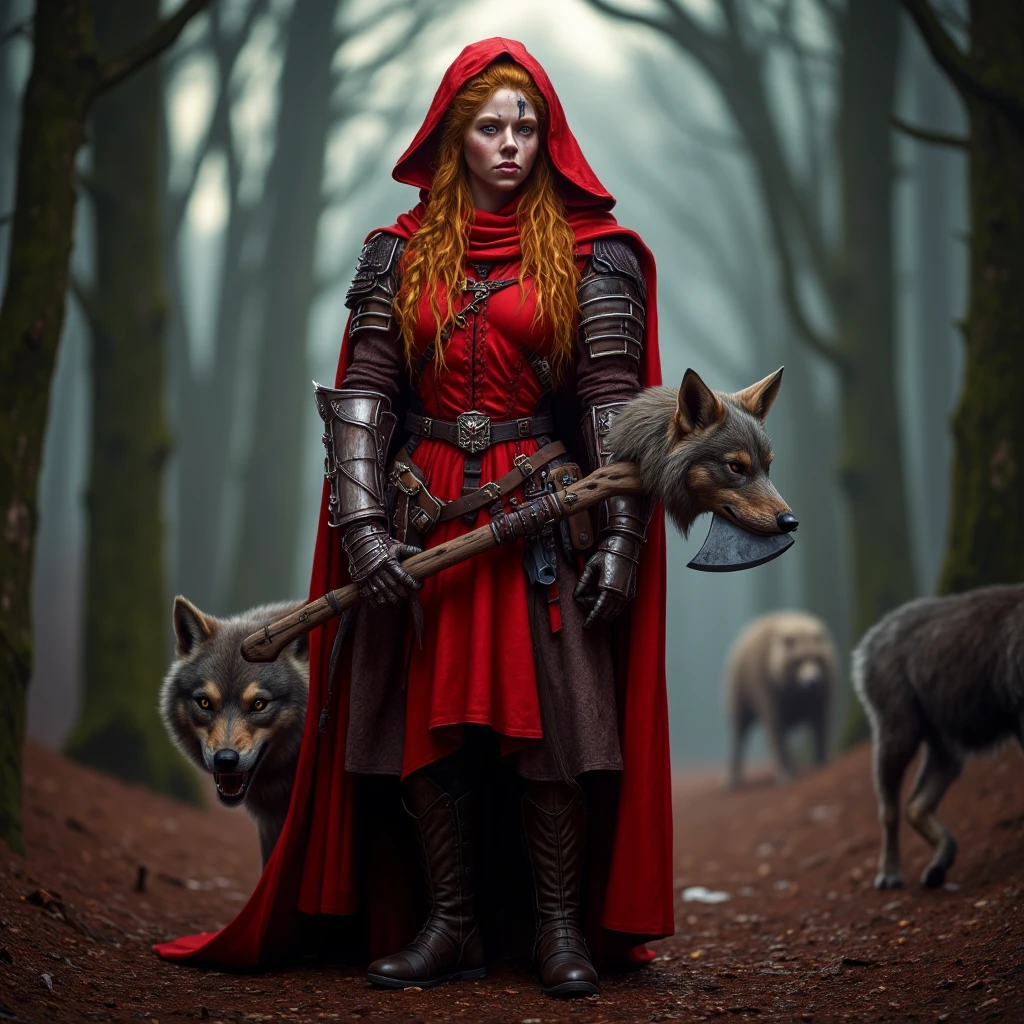 cinematic film still of  <lora:Little Red Riding Hood v1:0.8>
Little Red Riding Hood a woman in red armor holding a large axe and a wolf's head, solo, long hair, looking at viewer, blue eyes, blonde hair, holding, standing, full body, yellow eyes, braid, weapon, boots, teeth, belt, hood, holding weapon, orange hair, cape, armor, twin braids, blood, scar, brown footwear, shoulder armor, gauntlets, scar on face, hood up, pauldrons, red cape, axe, wolf, holding axe, pelt
, shallow depth of field, vignette, highly detailed, high budget, bokeh, cinemascope, moody, epic, gorgeous, film grain, grainy