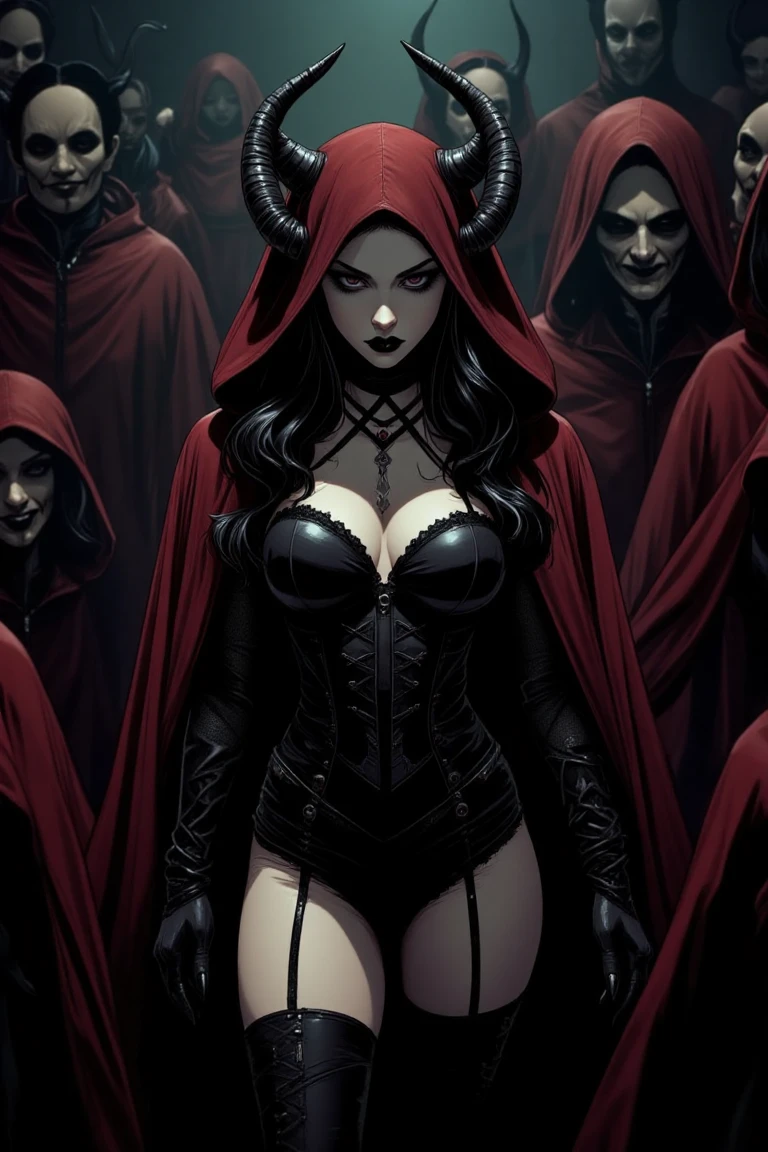 A dark demonic gothic female, wearing a red cloak and lingerie, stands in a secret party where everyone is dressed in masks and red robes. The scene is dimly lit with a mysterious, eerie atmosphere. Her intense expression and dramatic pose stand out amidst the masked figures. The background features a shadowy, masked crowd, adding to the intrigue and secrecy of the gathering.