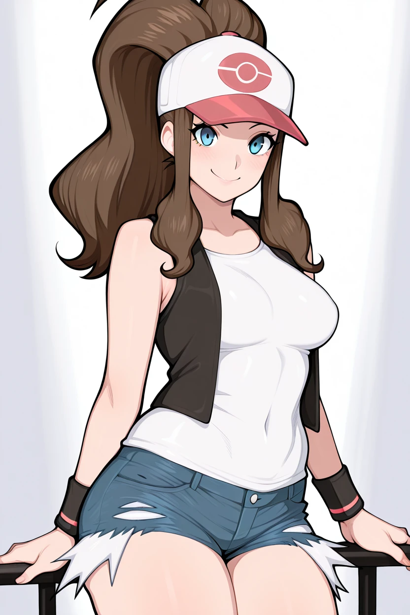 masterpiece, best quality, medium breasts, (curvy),  ,,, BREAK, zzHilda, blue eyes, long hair, high ponytail, sidelocks, hat, collarbone, white shirt, black vest, sleeveless, wristband, short shorts, denim shorts, exposed pocket, <lora:HildaPokemonIXL_e08:1.0>,BREAK,  smile, looking at viewer, cowboy shot,   <lora:AfrobullIXL_v1:1.0>,