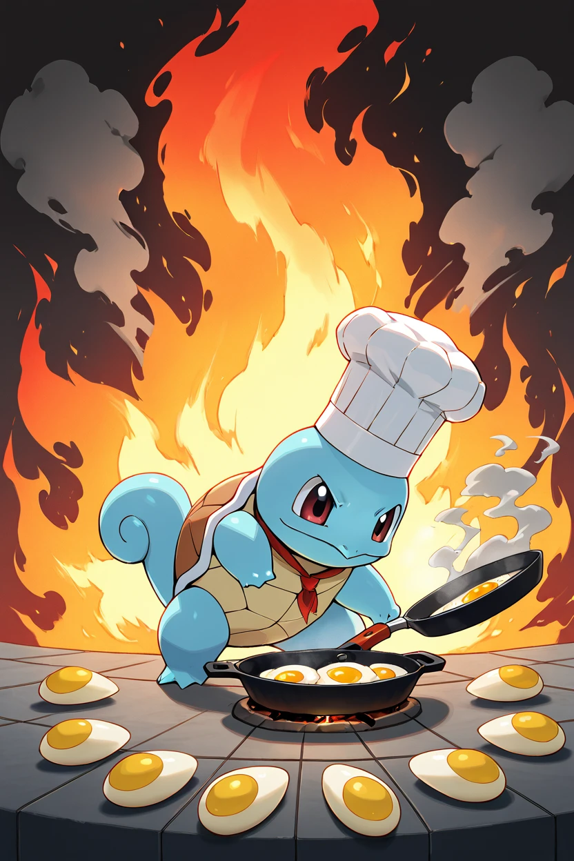 masterpiece, best quality,   <lora:SquirtlePokedexIXL:1.0>,   zzSquirtle, chef hat, frying pan, cooking vegetables, dramatic flames, tiny apron, serious expression, kitchen chaos, smoke in the background, eggs flying, food fight