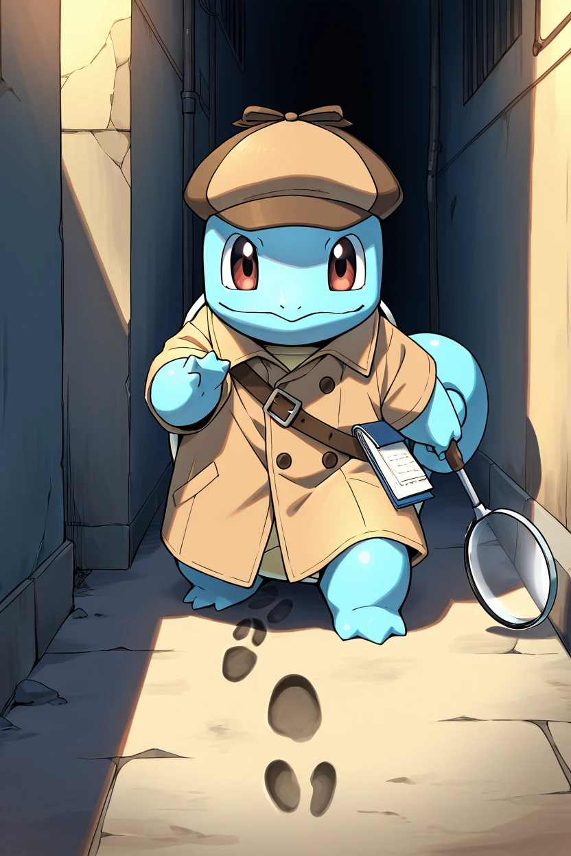 masterpiece, best quality,   <lora:SquirtlePokedexIXL:1.0>,   zzSquirtle, trench coat, detective hat, magnifying glass, mysterious alley, tiny notepad, dramatic shadows, solving a case, intense expression, footprints in the dirt