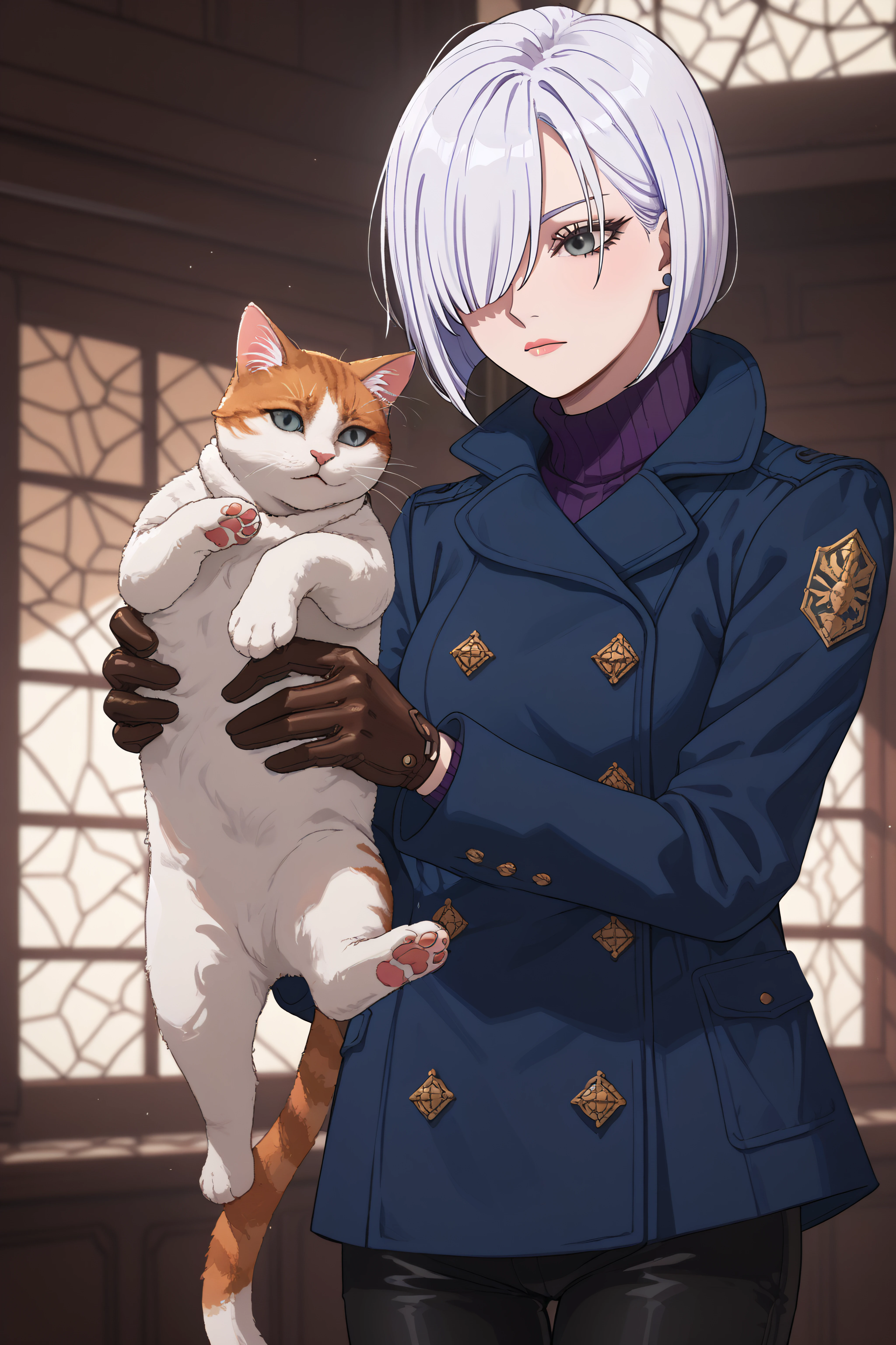 score_9, score_8_up, score_7_up, score_6_up, source_anime, BREAK, <lora:Fiona Frost-PonyXL-lora-Faxtron:0.8> fiona frost, grey eyes, white hair, short hair, hair over one eye, blue coat, turtleneck, black pants, brown gloves, <lora:longcat-ponyxl-lora-nochekaiser:1> longcat, longcat (meme), armpit carry, meme, holding cat, holding animal, cat, animal,,