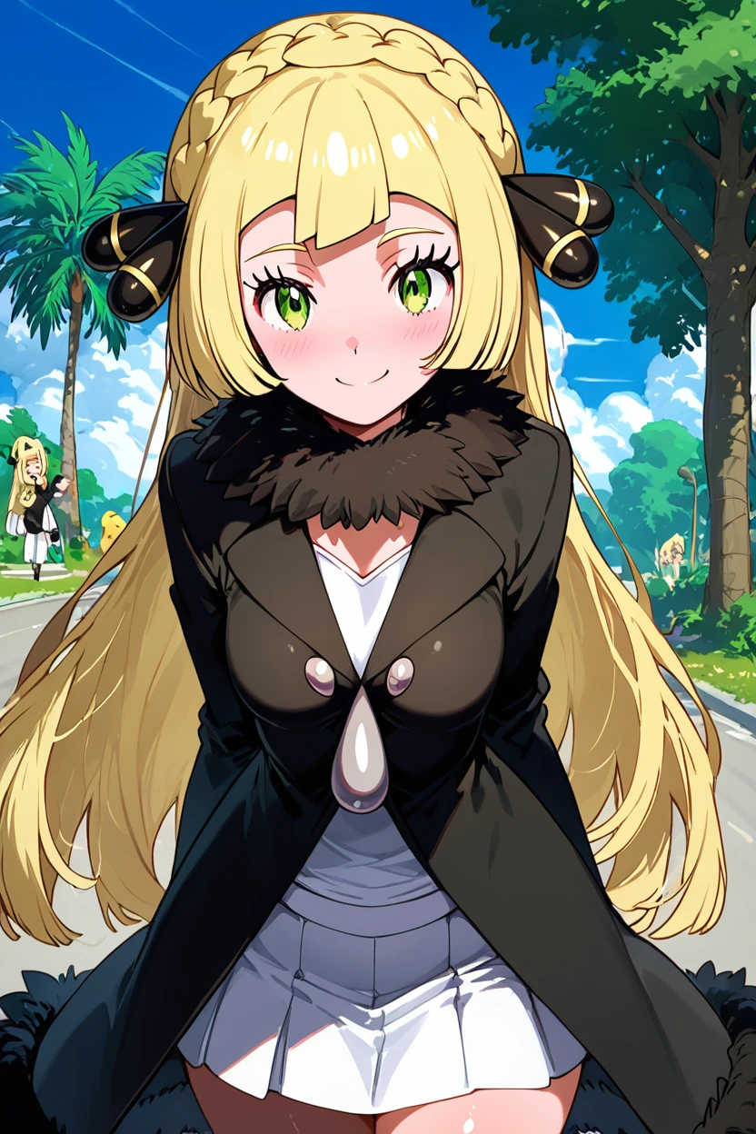 score_9, score_8_up, score_8, medium breasts, (curvy), cute, eyelashes,       ,,, ,  zzCLillieCitron, green eyes, blonde hair, hair ornament, hair ribbon, long hair, long sleeves, fur trim, braid, coat, white skirt, white shirt, black coat, lillie (pokemon),  <lora:CynthiaLilliePDXL:1>,  , BREAK, smile, looking at viewer, cowboy shot, ,,, outdoors, sky, day, cloud, tree, blue sky, sunny,  ,,, Expressiveh, ,,, <lora:Alola_Style_PDXL:0.8>, <lora:Expressive_H-000001:0.4>,