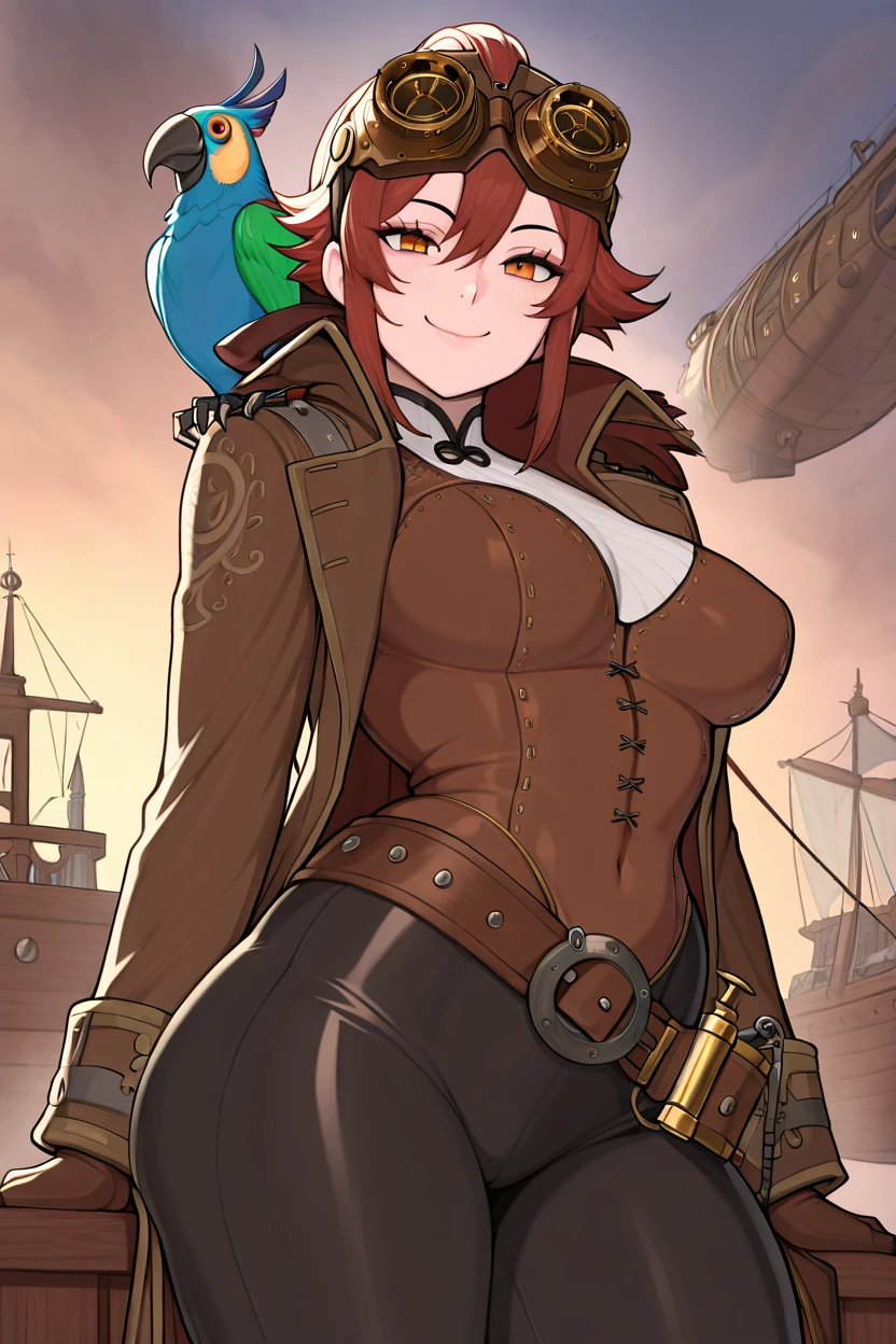 masterpiece, best quality, medium breasts, (curvy),  ,,, steampunk pirate captain, brass goggles, weathered leather coat, mechanical parrot, airship in the background, intricate steampunk accessories, rugged and confident poseBREAK, 1girl, solo,  smile, looking at viewer, cowboy shot,   <lora:AfrobullIXL_v1:1.0>,