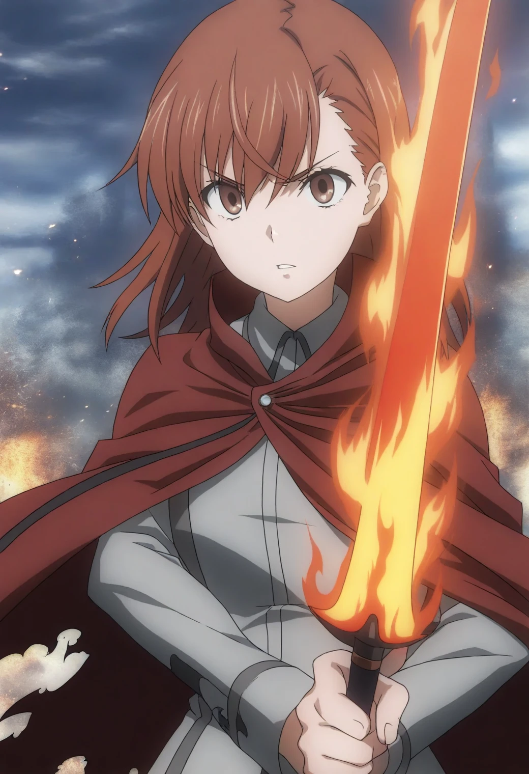 <lora:Mikoto Misaka - [A Certain Scientific Railgun] - illustriousXL v1:1>, sysdeep_mikoto, brown hair, brown eyes, medium hair, fiery battlefield, holding flaming sword, battle stance, torn cloak, intense glare